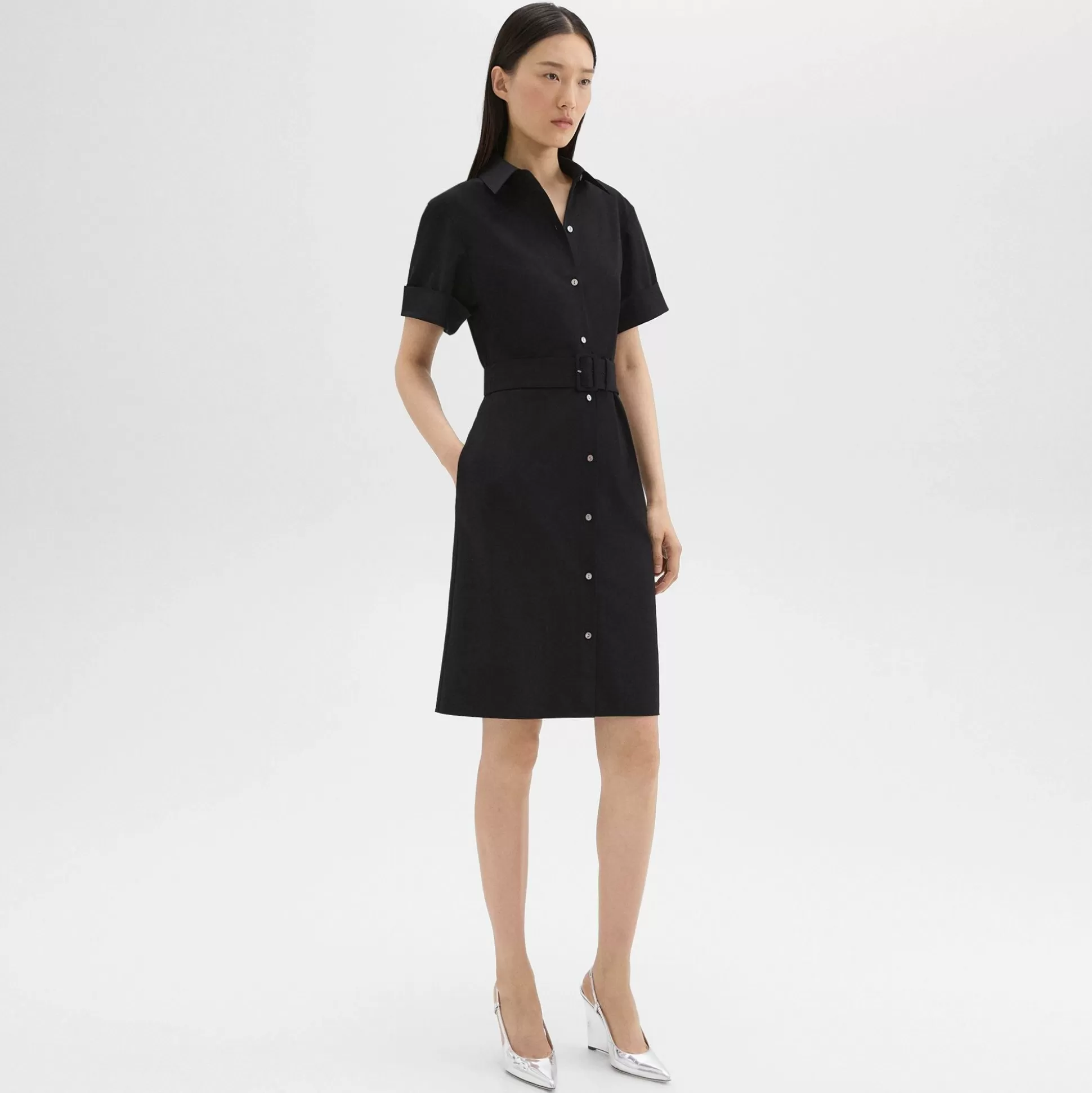 Theory Belted Shirt Dress In Stretch Wool-Women Dresses