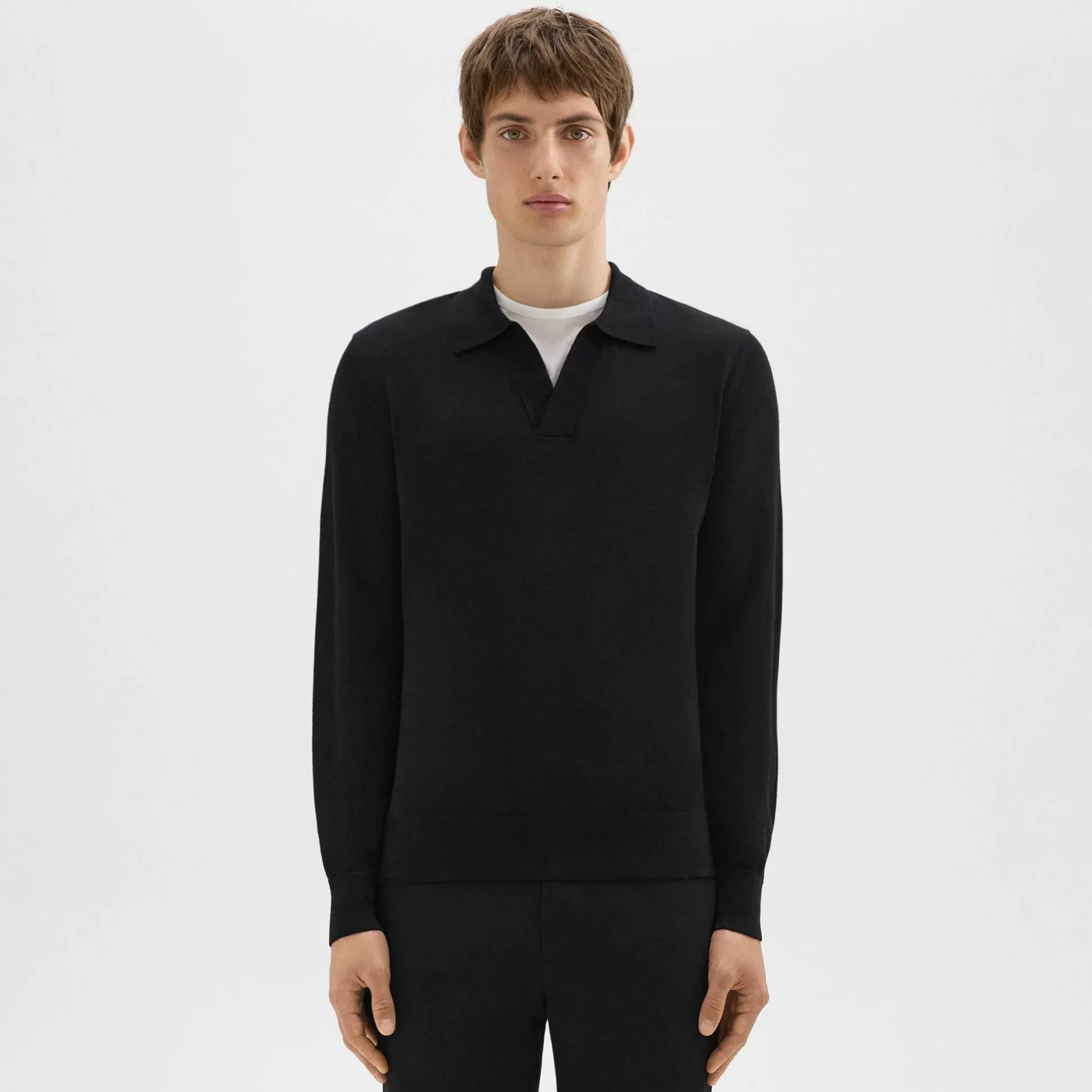 Theory Briody Long-Sleeve Polo In Merino Wool-Men Sweaters + Cardigans