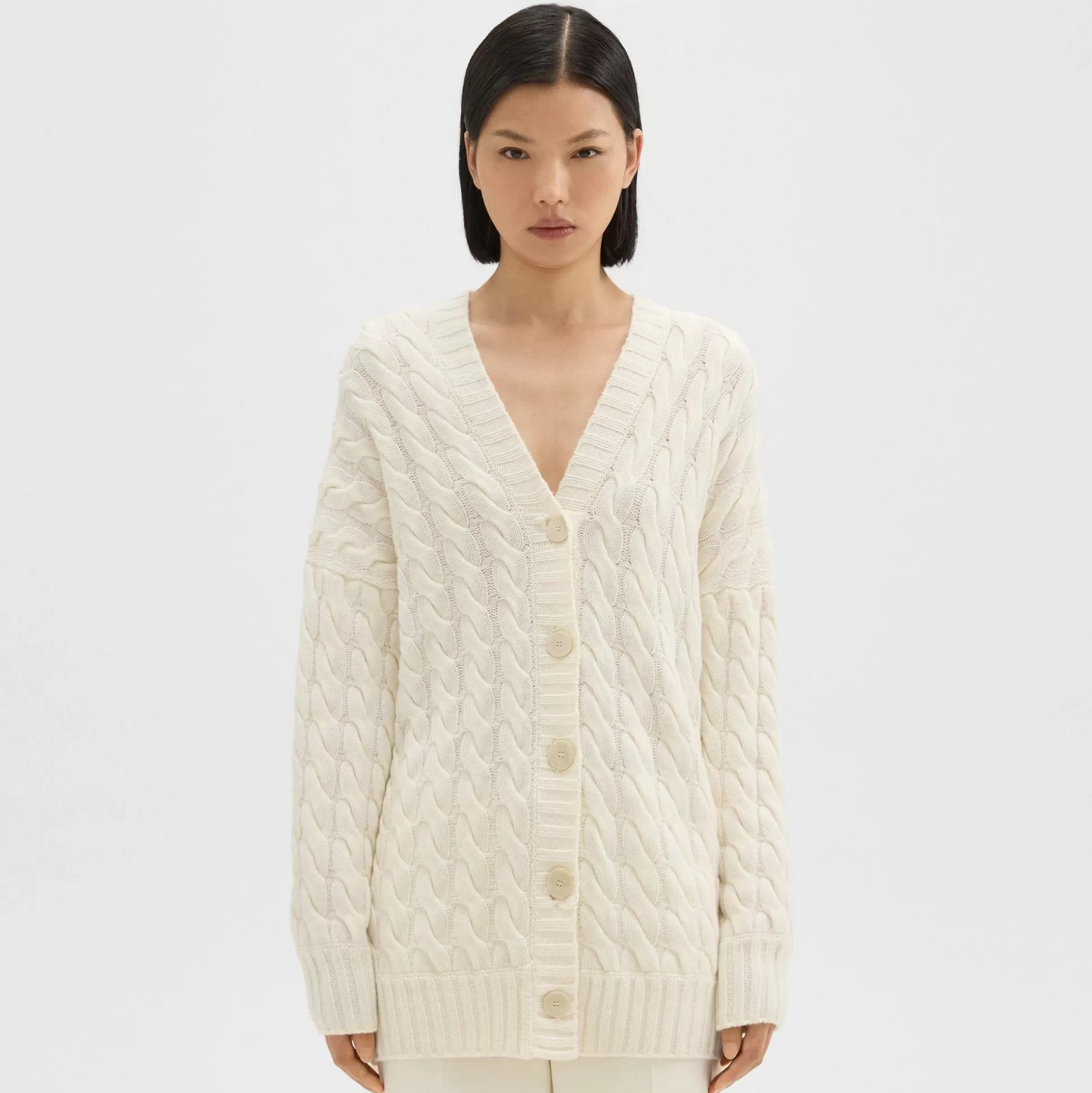 Theory Cable Knit Cardigan In Felted Wool-Cashmere-Women Sweaters + Cardigans