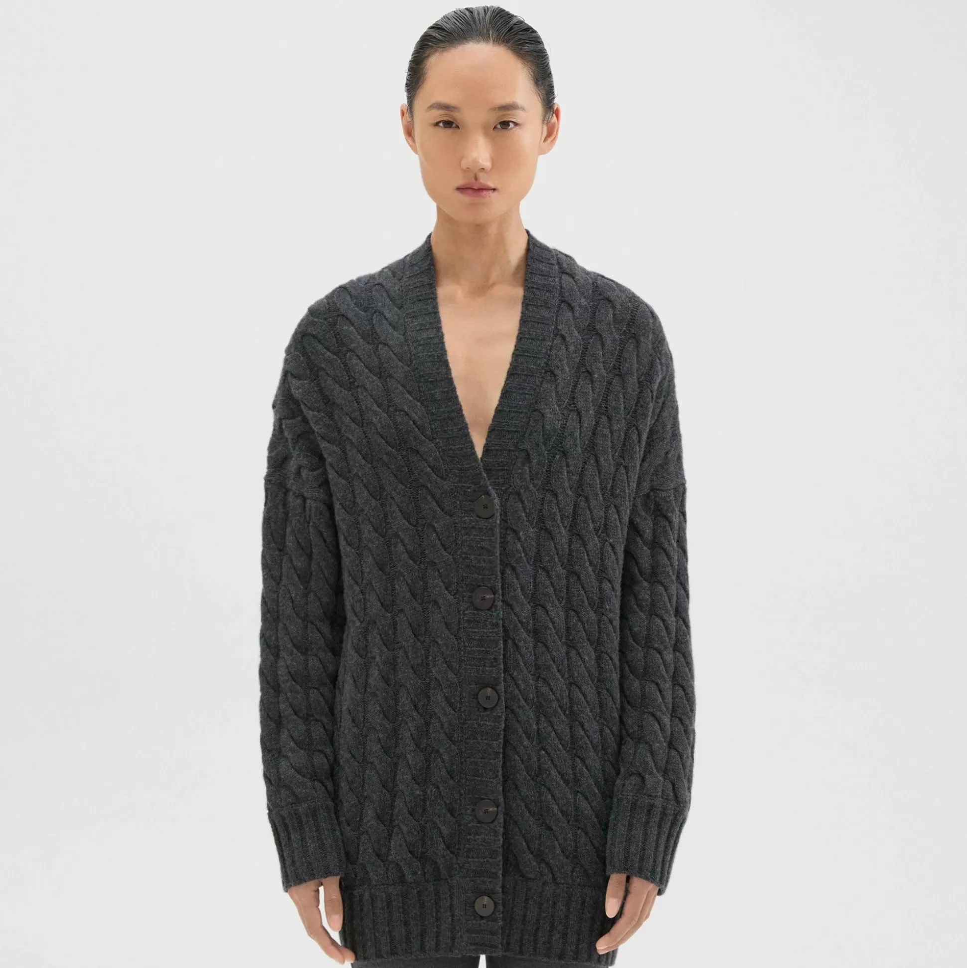 Theory Cable Knit Cardigan In Felted Wool-Cashmere-Women Sweaters + Cardigans