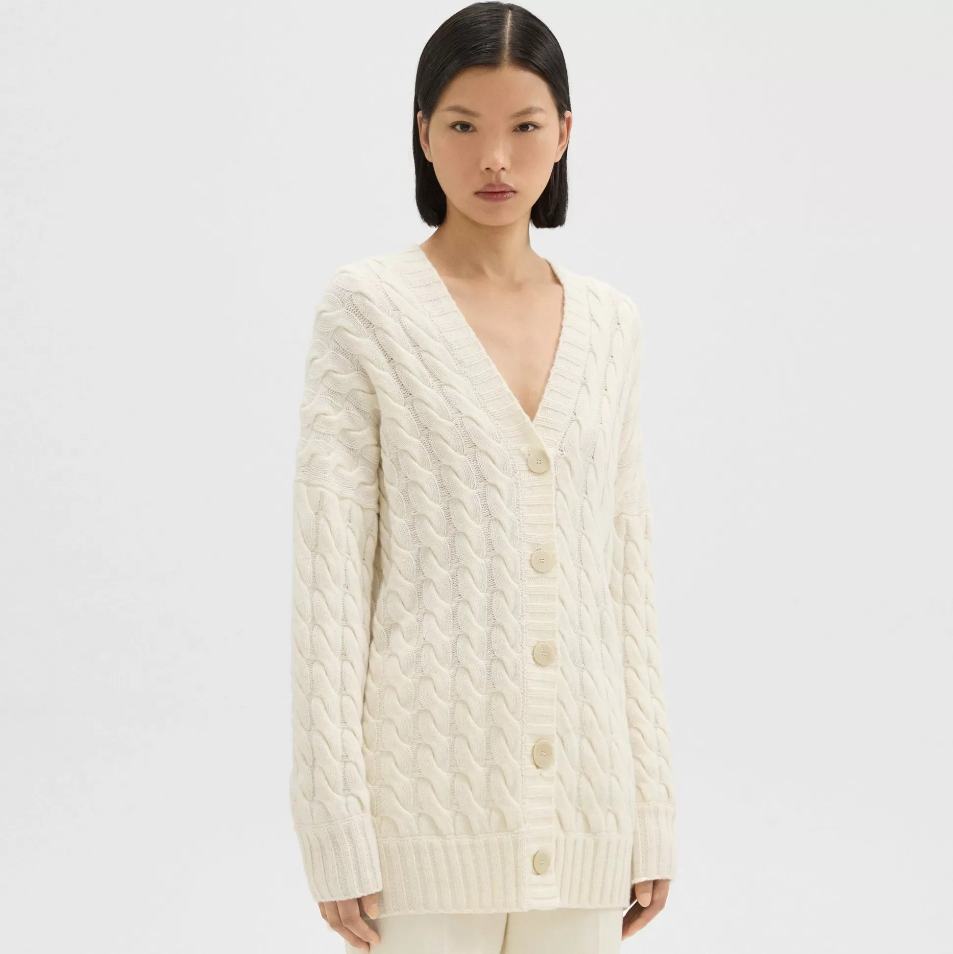 Theory Cable Knit Cardigan In Felted Wool-Cashmere-Women Sweaters + Cardigans