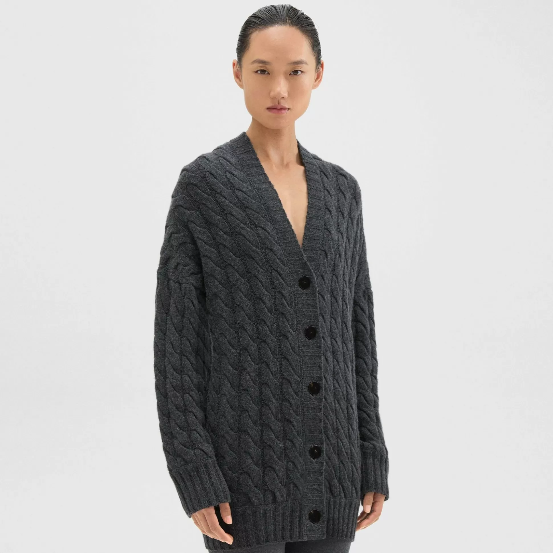 Theory Cable Knit Cardigan In Felted Wool-Cashmere-Women Sweaters + Cardigans