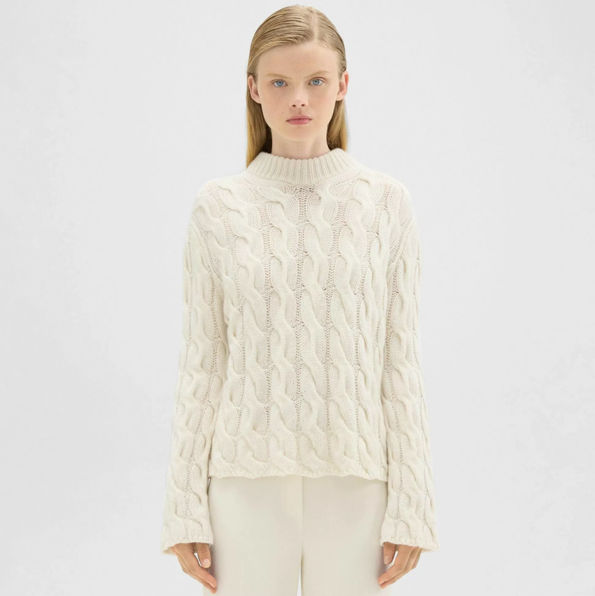 Theory Cable Knit Mock Neck Sweater In Felted Wool-Cashmere-Women Sweaters + Cardigans