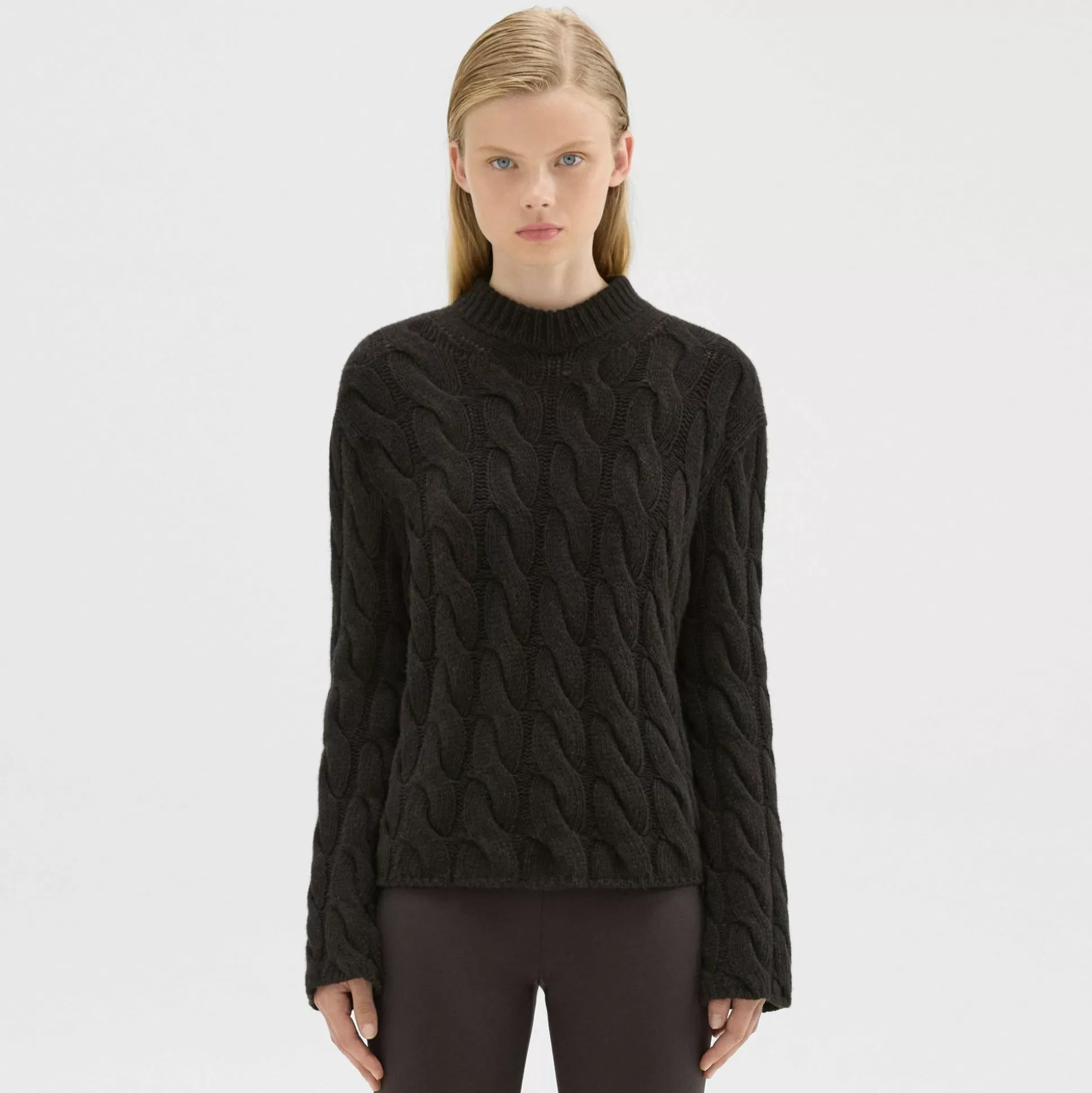 Theory Cable Knit Mock Neck Sweater In Felted Wool-Cashmere-Women Sweaters + Cardigans