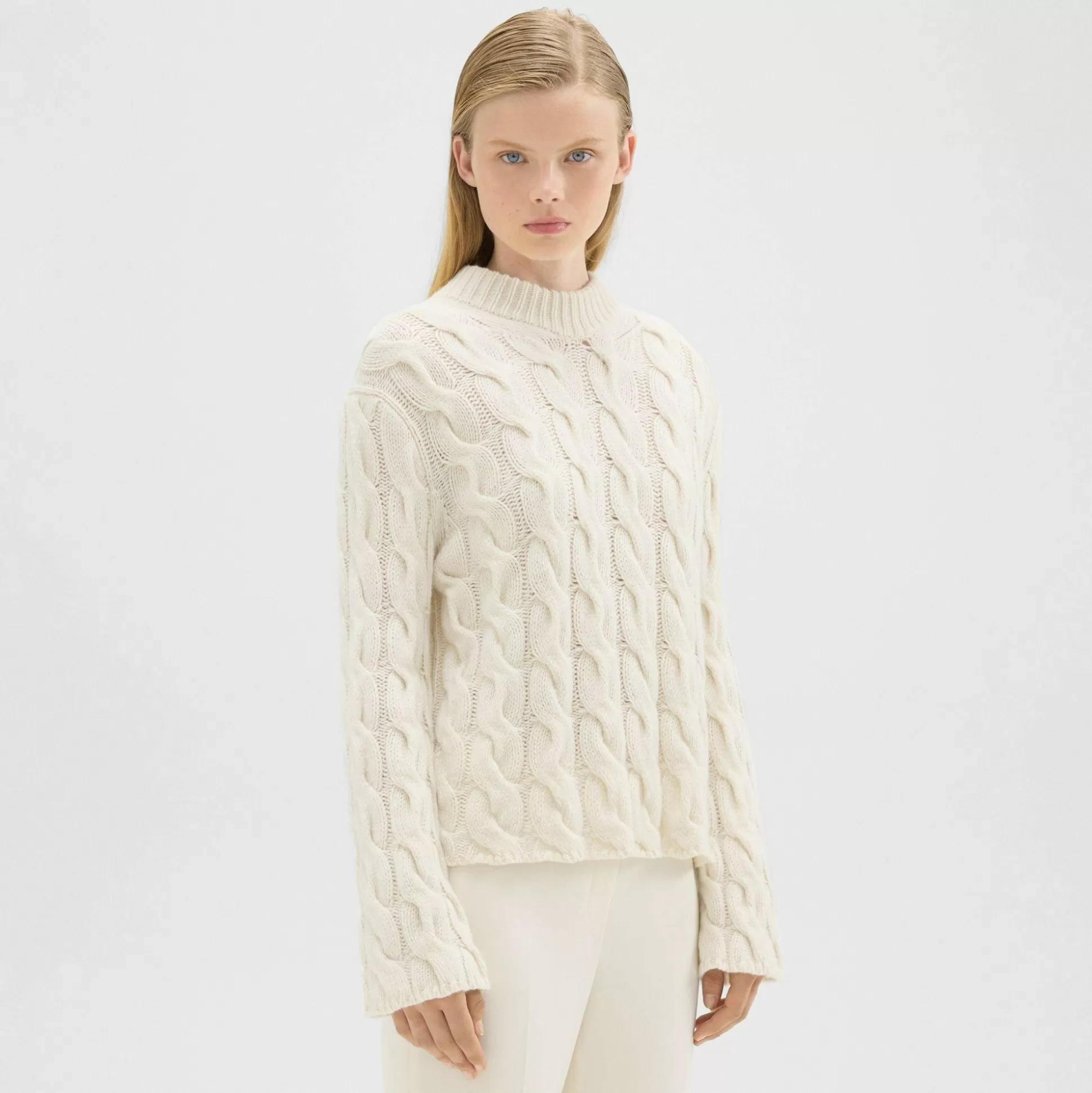 Theory Cable Knit Mock Neck Sweater In Felted Wool-Cashmere-Women Sweaters + Cardigans