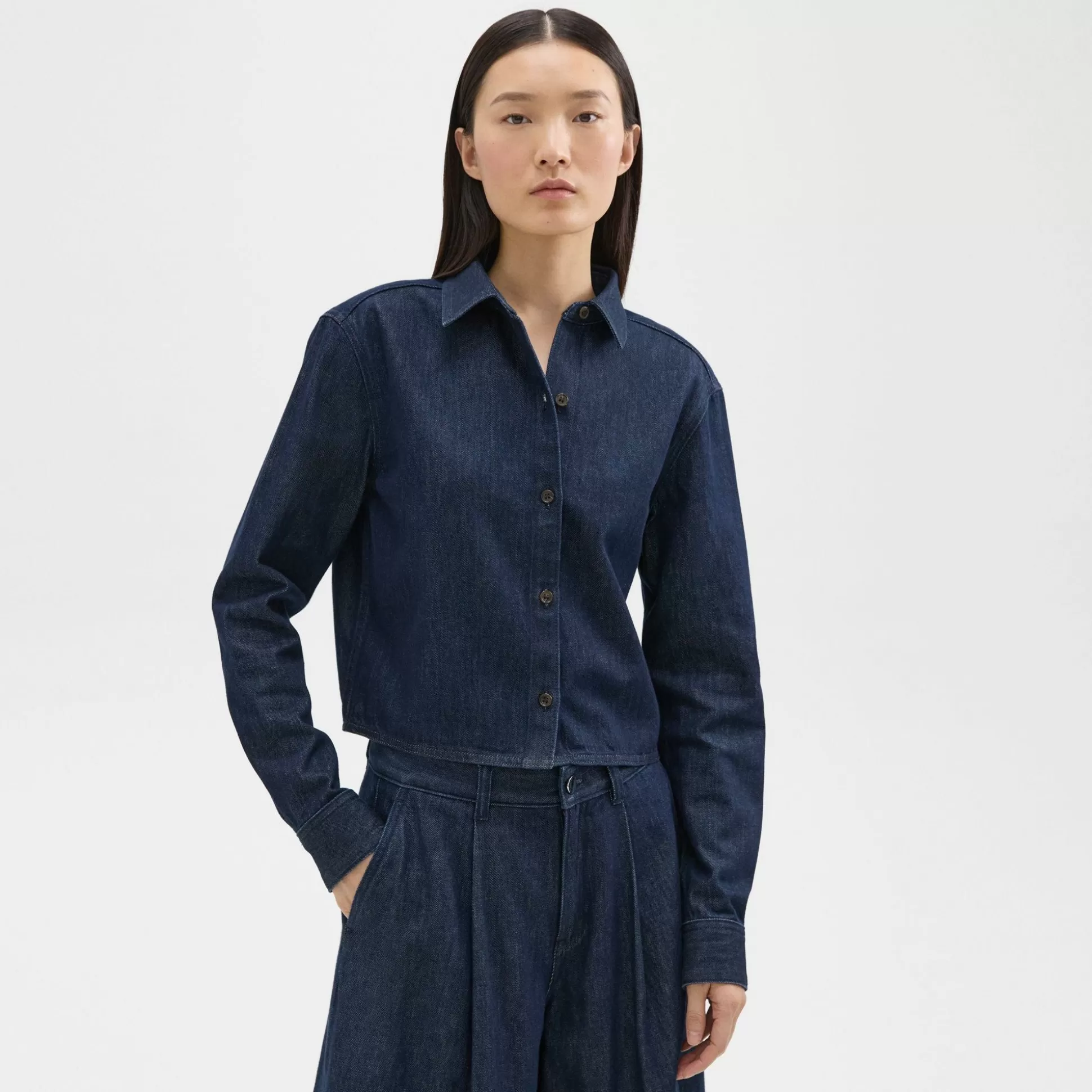 Theory Cropped Shirt In Denim-Women Tops