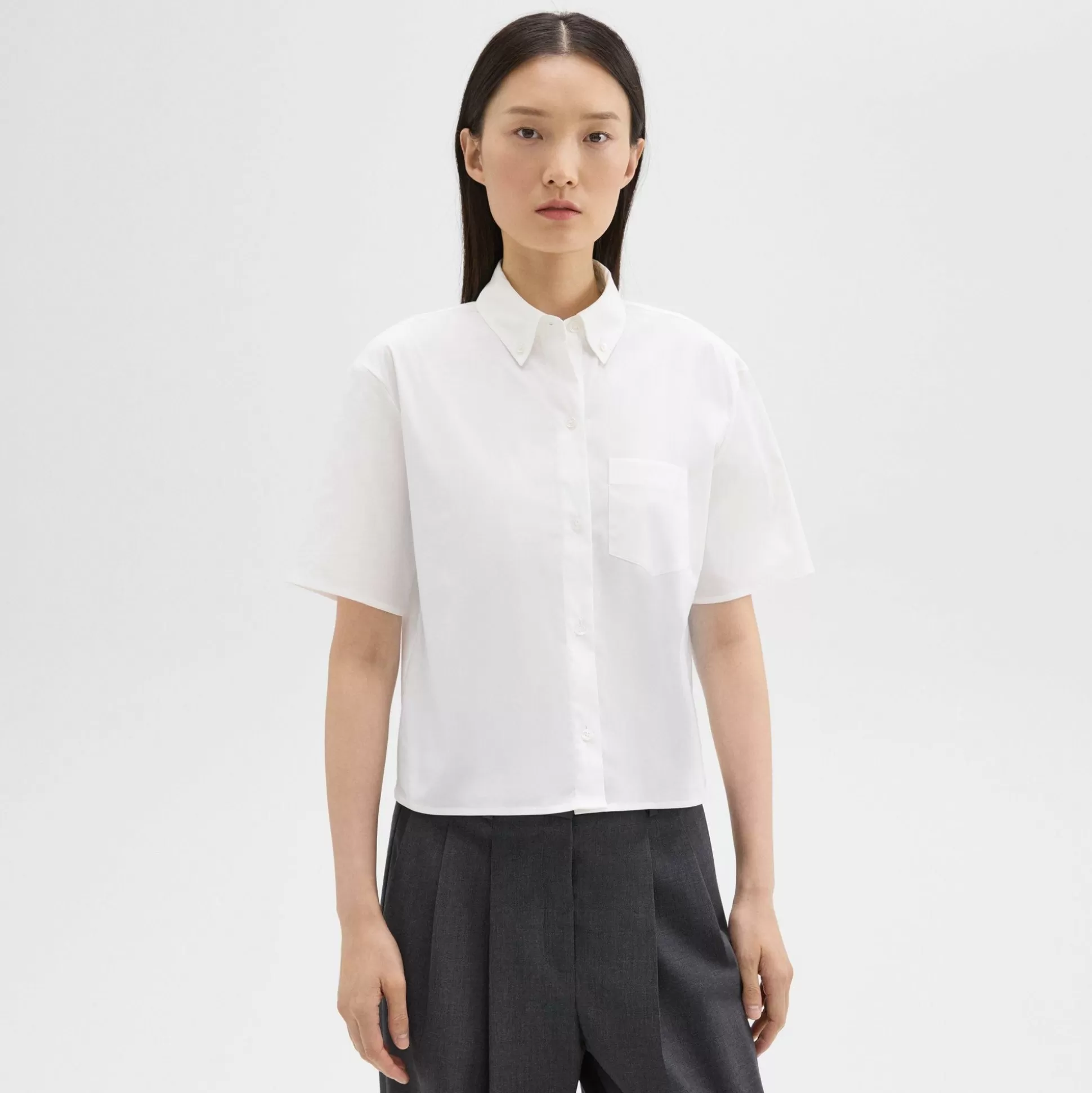 Theory Cropped Short-Sleeve Shirt In Good Cotton-Women Tops