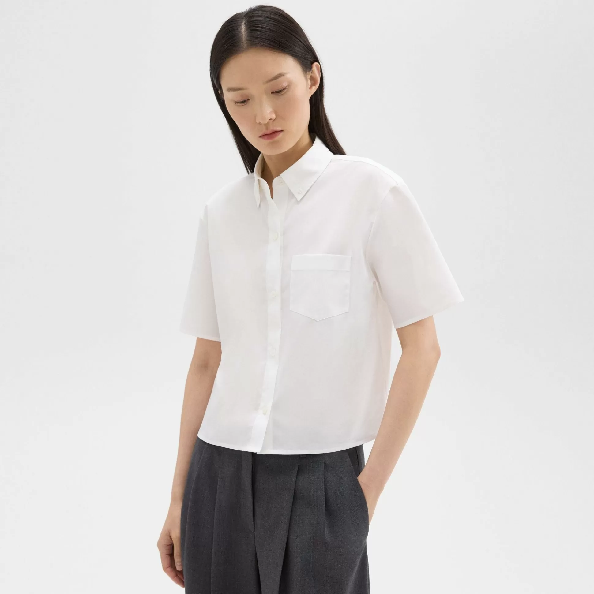 Theory Cropped Short-Sleeve Shirt In Good Cotton-Women Tops