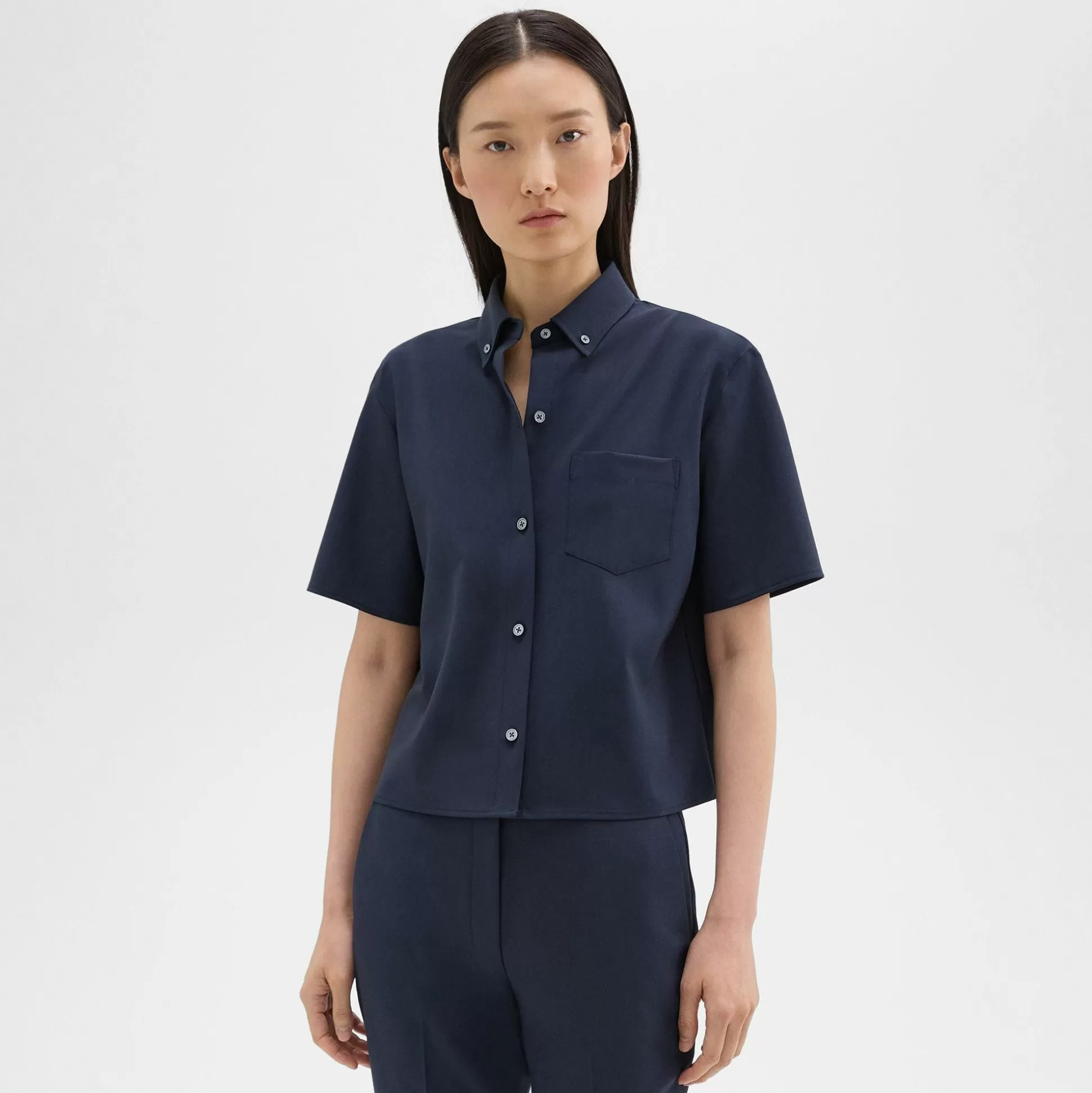 Theory Cropped Short-Sleeve Shirt In Good Wool-Women Tops