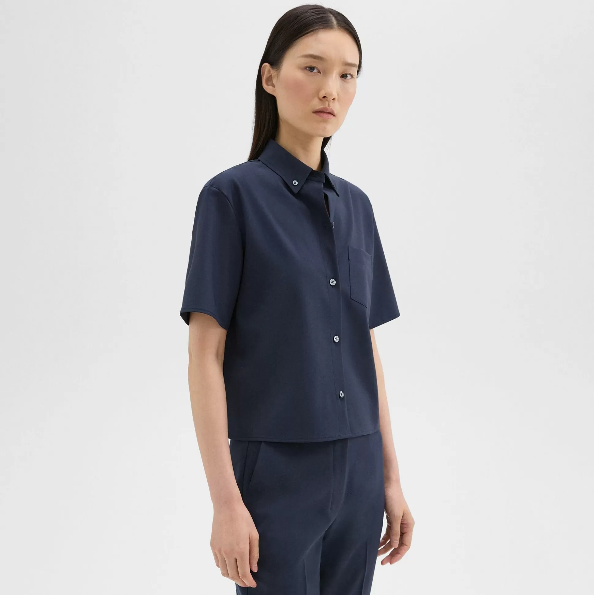 Theory Cropped Short-Sleeve Shirt In Good Wool-Women Tops