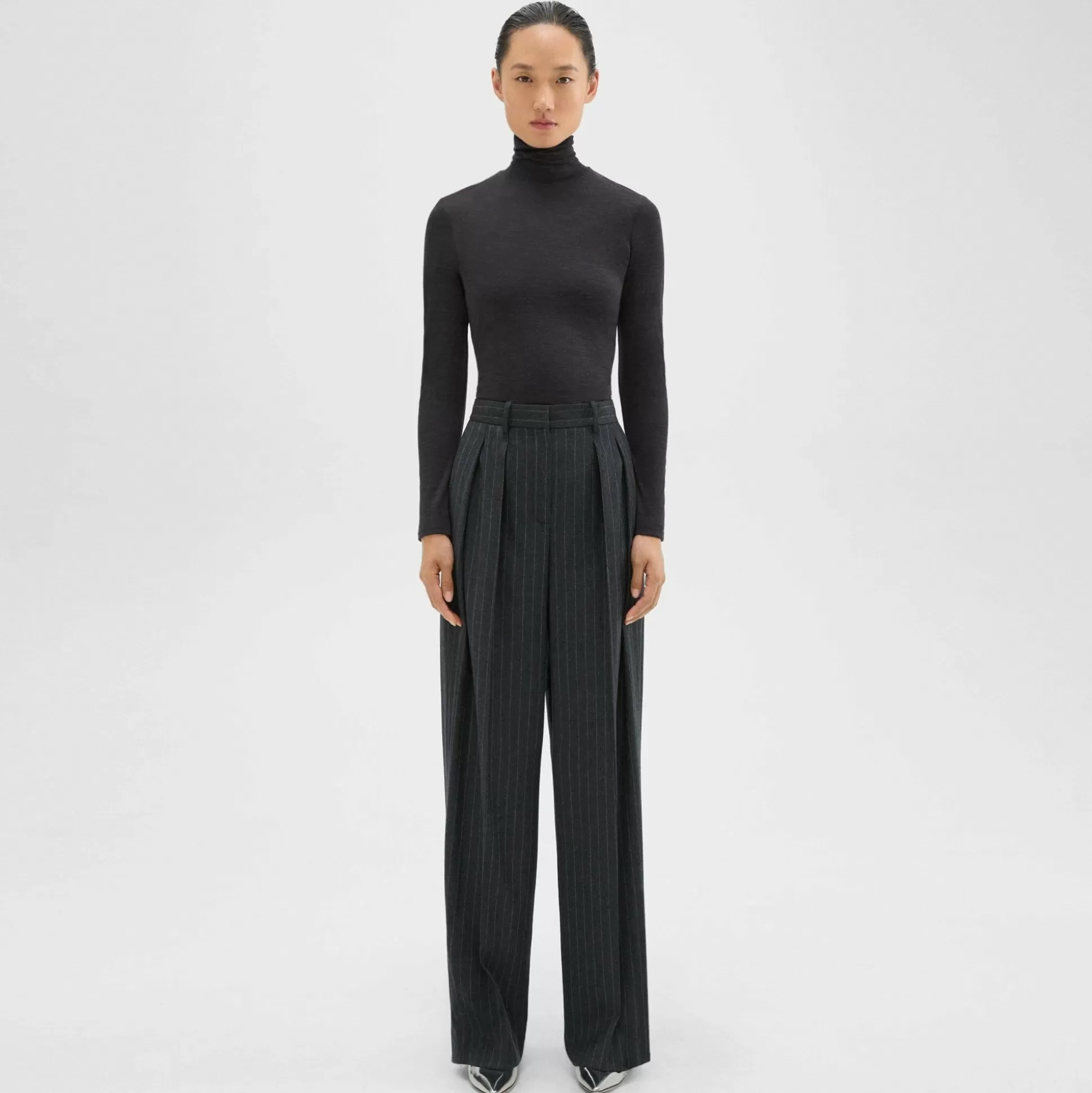 Theory Double Pleat Pant In Pinstripe Wool Flannel-Women Suits | Pants