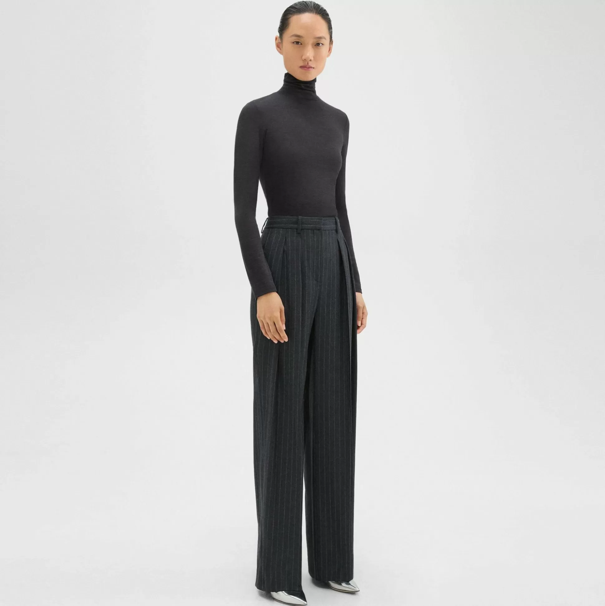 Theory Double Pleat Pant In Pinstripe Wool Flannel-Women Suits | Pants