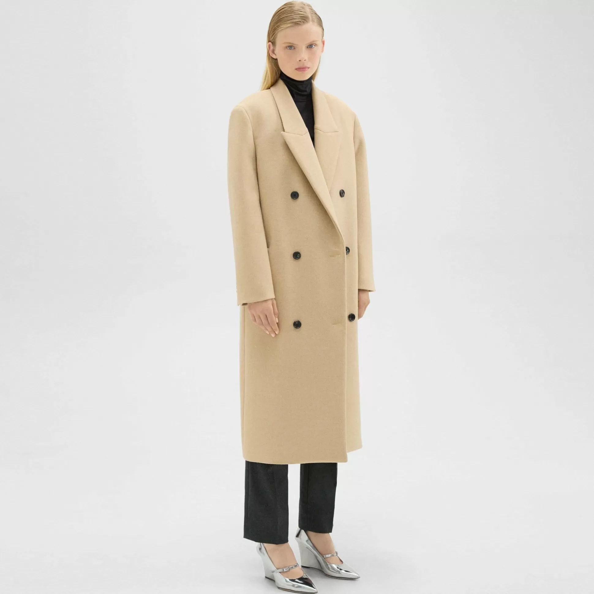 Theory Double-Breasted Coat In Recycled Wool-Blend Melton-Women Outerwear