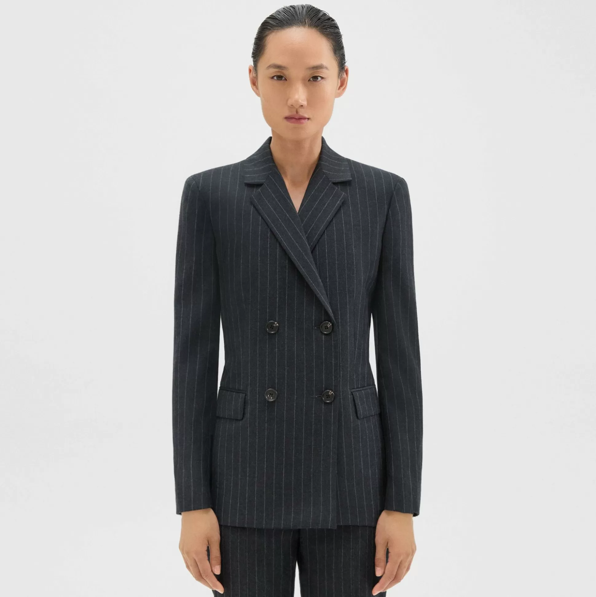 Theory Double-Breasted Slim Blazer In Pinstripe Wool Flannel-Women Suits | Blazers + Jackets