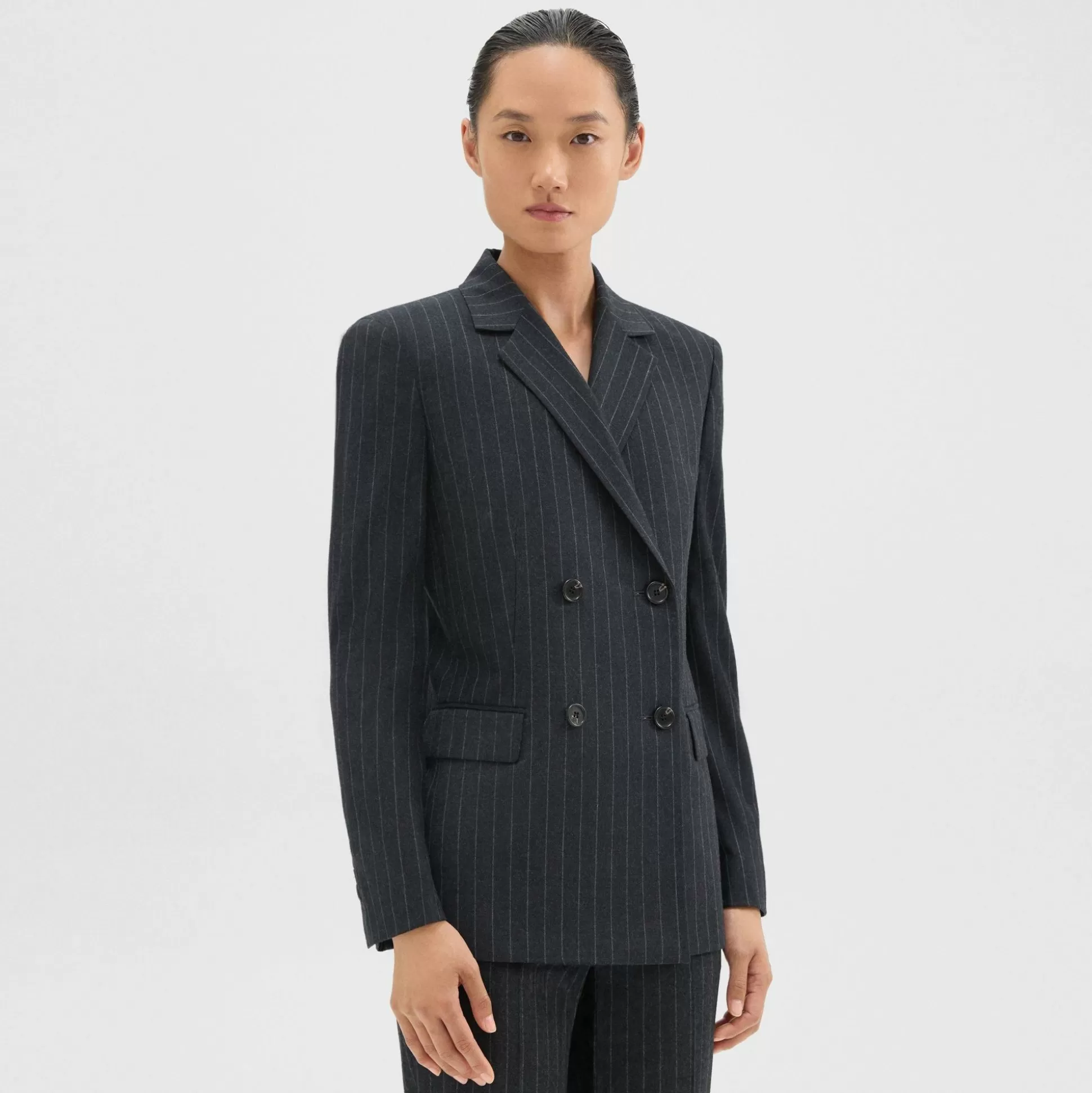 Theory Double-Breasted Slim Blazer In Pinstripe Wool Flannel-Women Suits | Blazers + Jackets