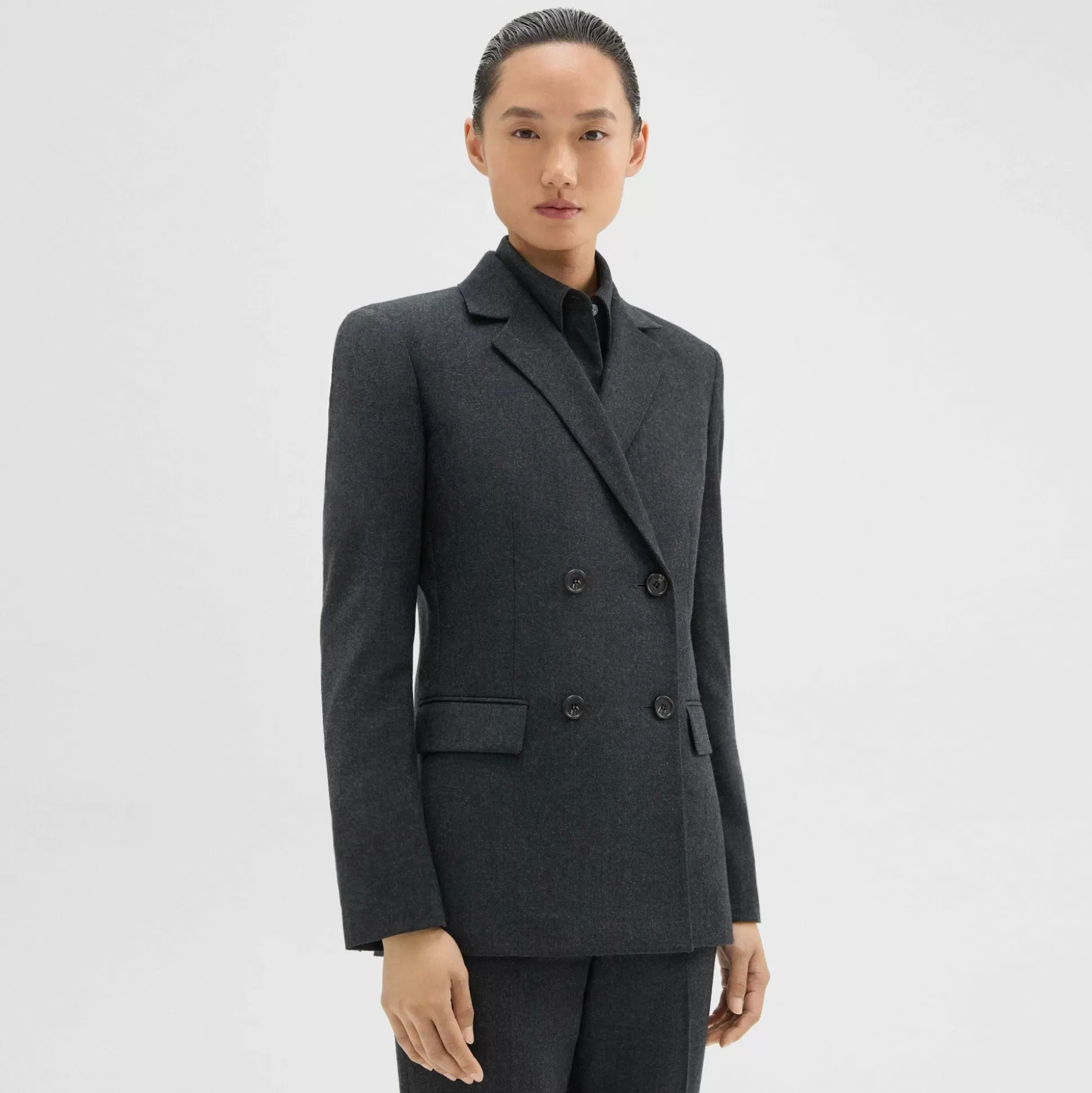 Theory Double-Breasted Slim Blazer In Sleek Flannel-Women Suits | Blazers + Jackets