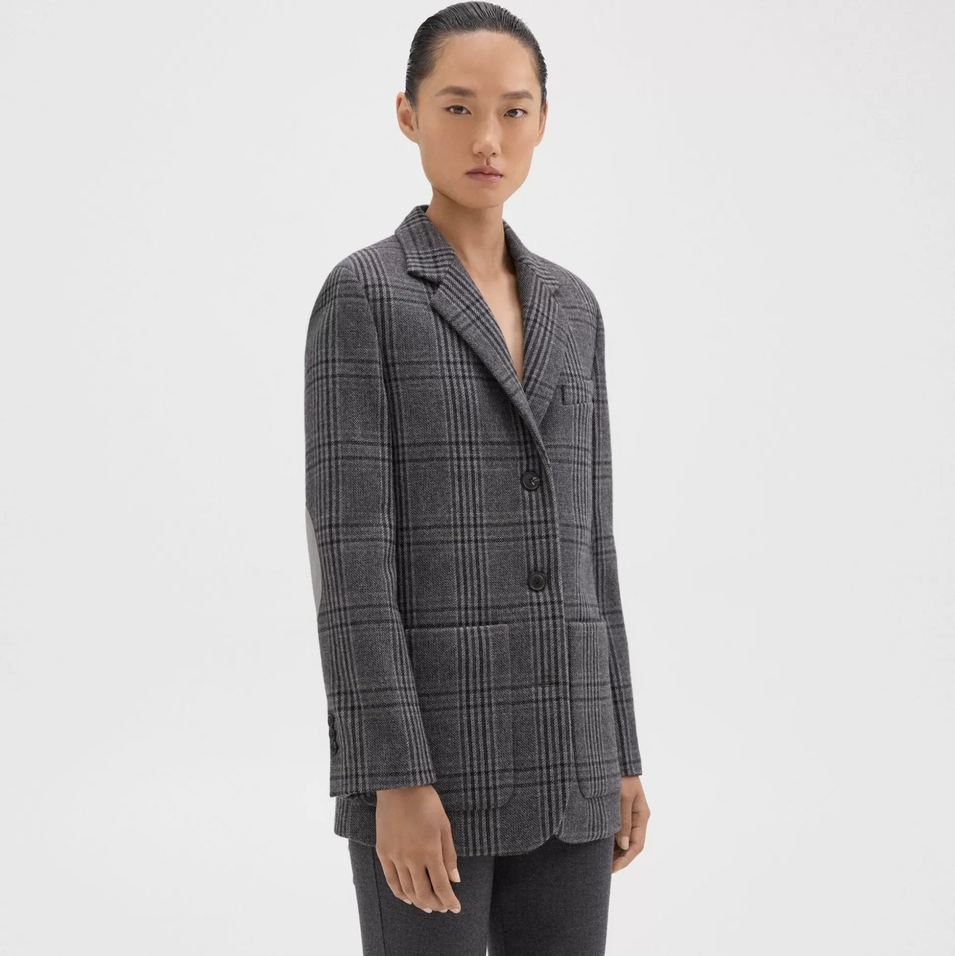 Theory Elbow-Patch Blazer In Plaid Wool-Blend Flannel-Women Blazers + Jackets