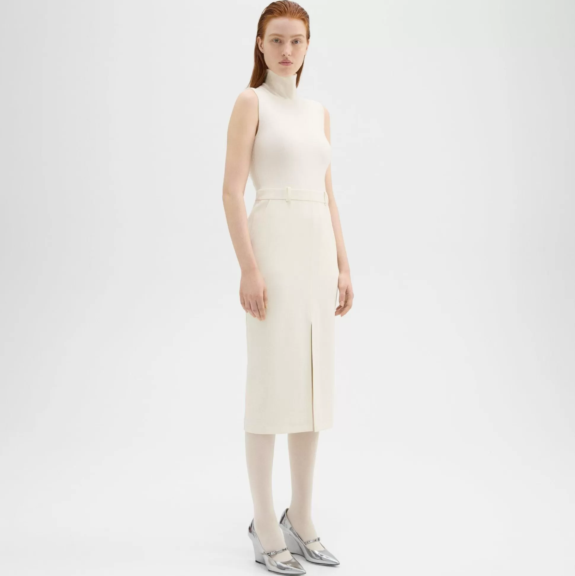 Theory Funnel Neck Combo Dress In Admiral Crepe-Women Dresses