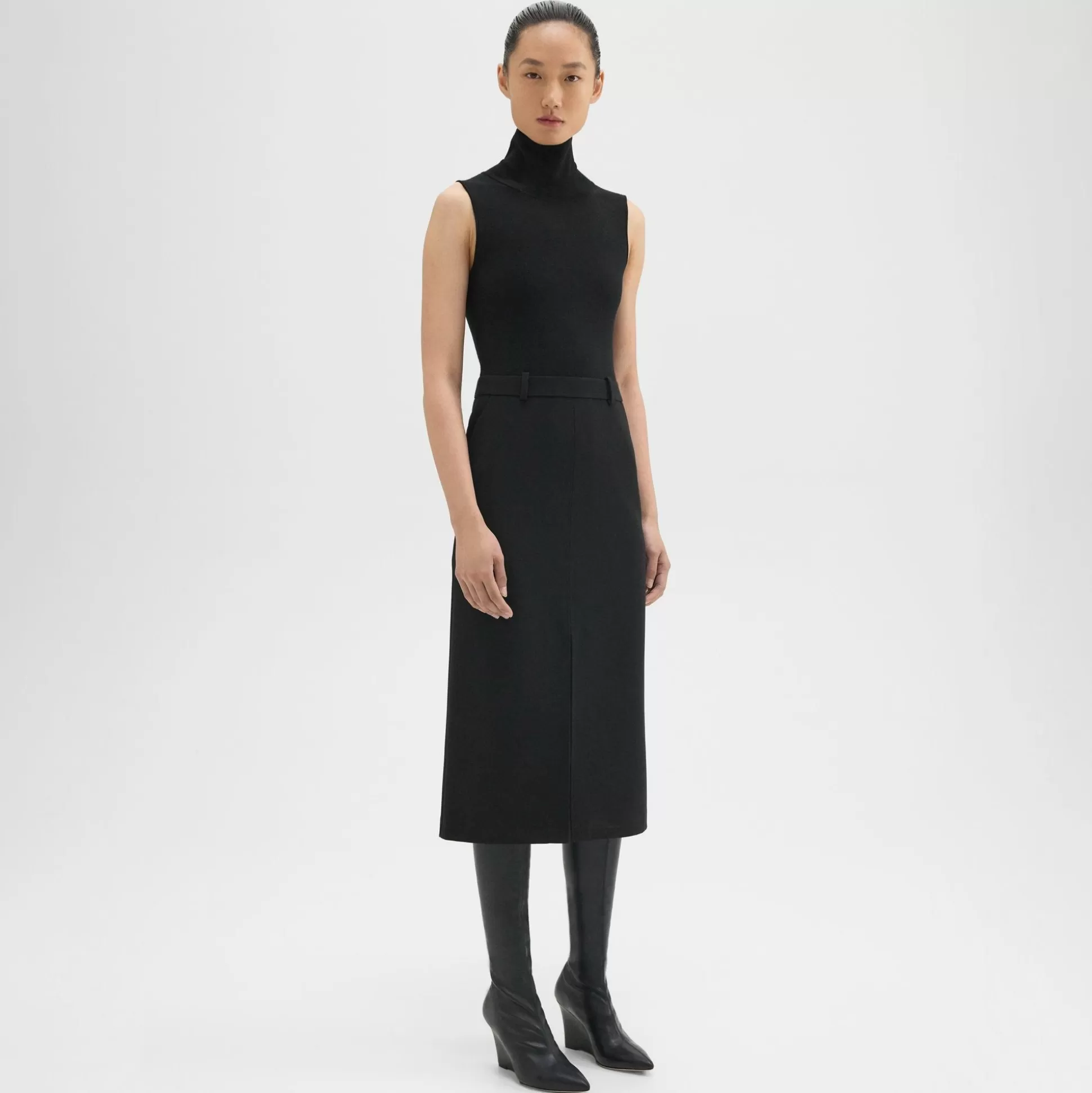 Theory Funnel Neck Combo Dress In Admiral Crepe-Women Dresses