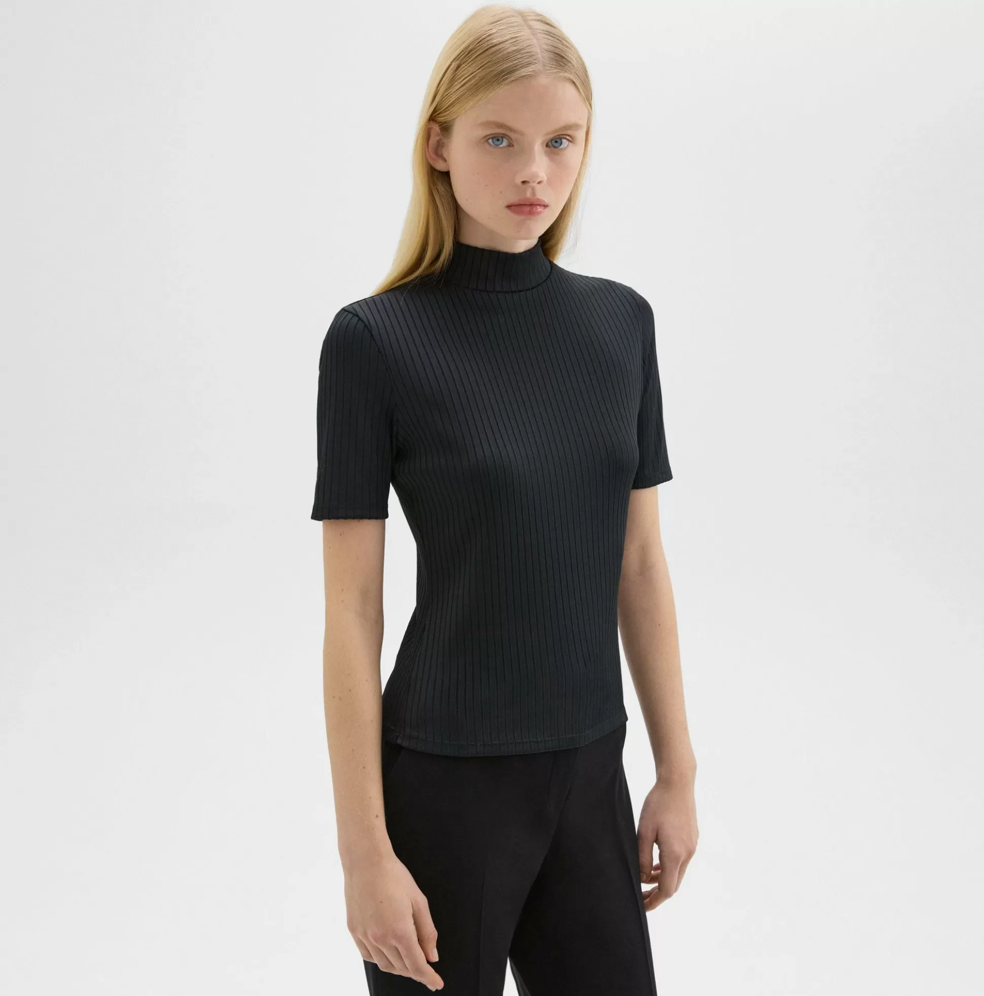 Theory Mock Neck Short-Sleeve Top In Rib Knit-Women T-Shirts