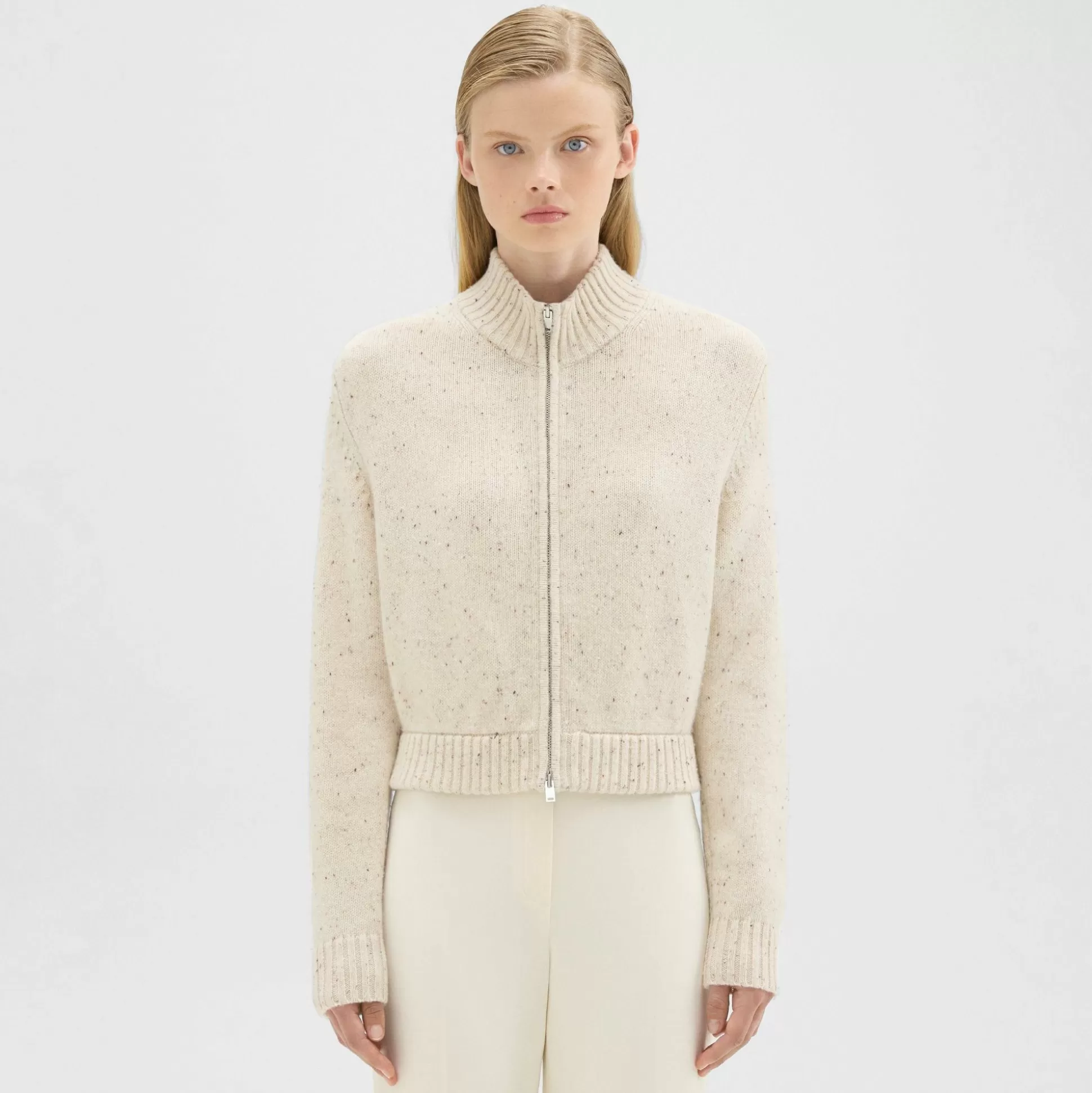 Theory Mock Neck Zip-Up Cardigan In Donegal Wool-Cashmere-Women Sweaters + Cardigans