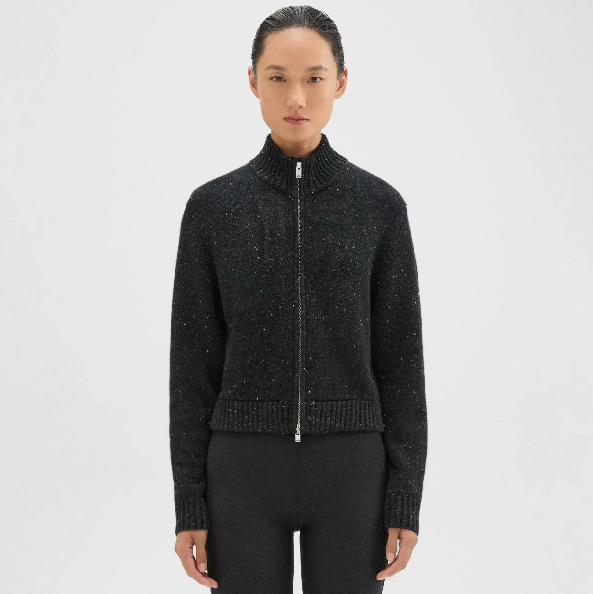 Theory Mock Neck Zip-Up Cardigan In Donegal Wool-Cashmere-Women Sweaters + Cardigans