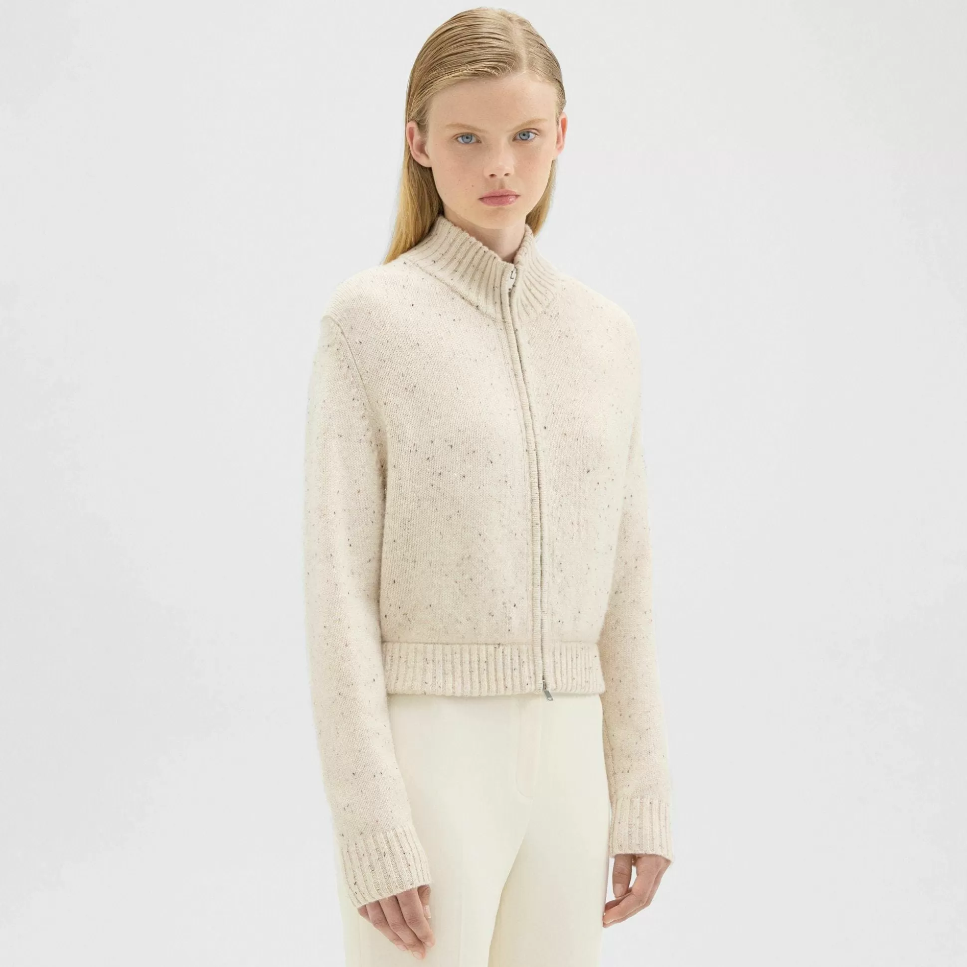 Theory Mock Neck Zip-Up Cardigan In Donegal Wool-Cashmere-Women Sweaters + Cardigans