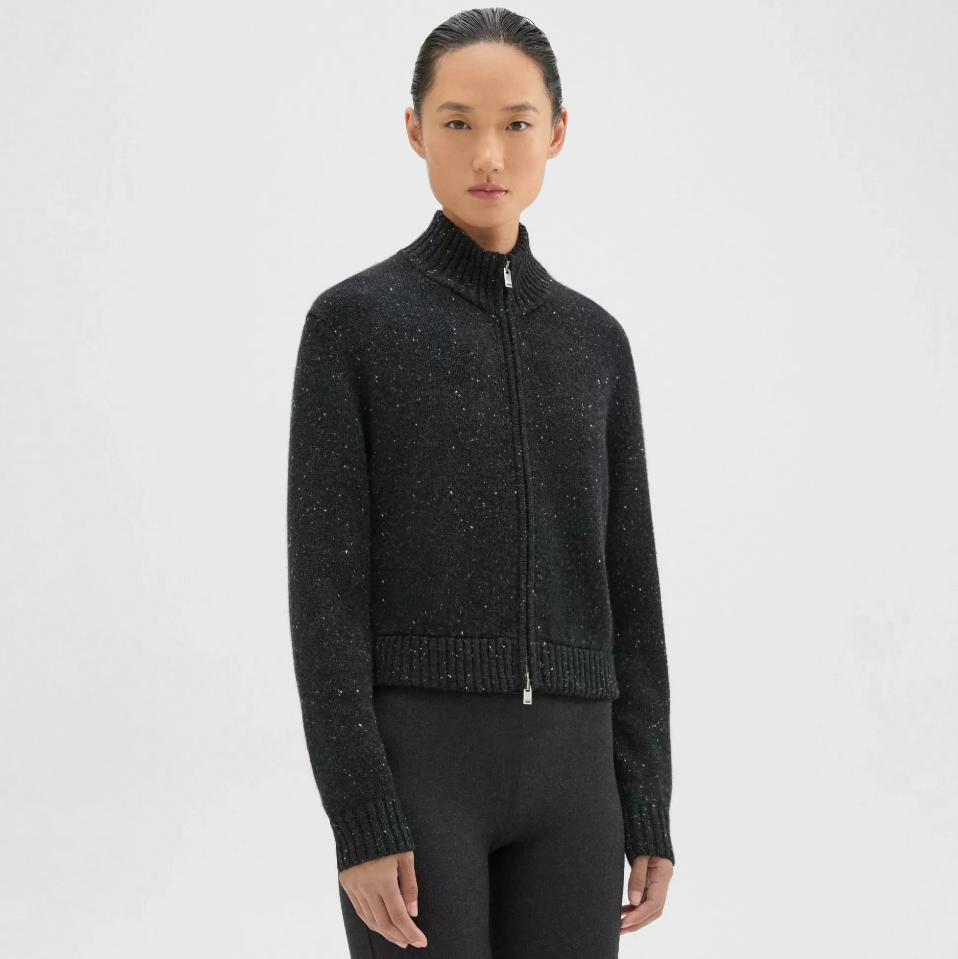 Theory Mock Neck Zip-Up Cardigan In Donegal Wool-Cashmere-Women Sweaters + Cardigans