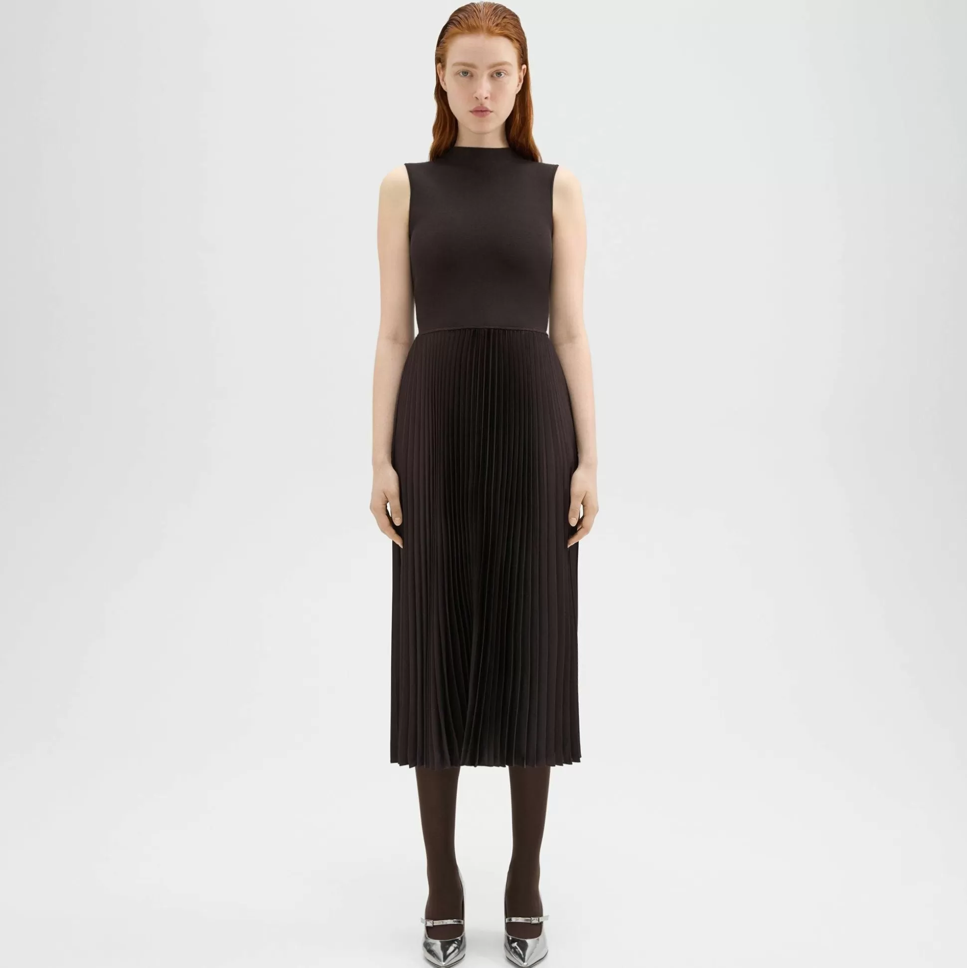 Theory Pleated Combo Dress In Textured Satin-Women Dresses