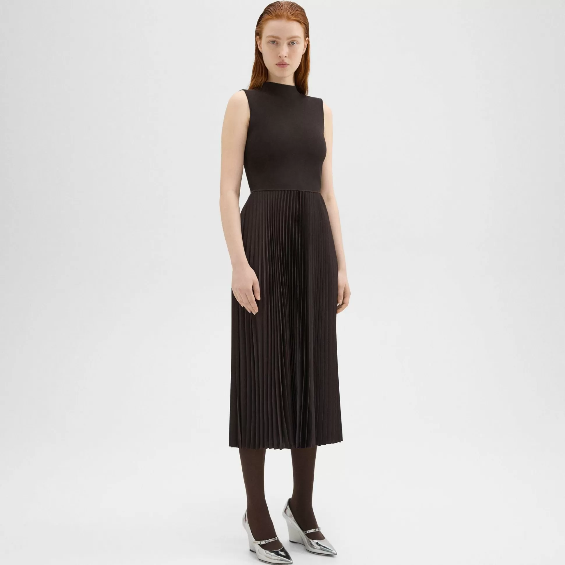 Theory Pleated Combo Dress In Textured Satin-Women Dresses