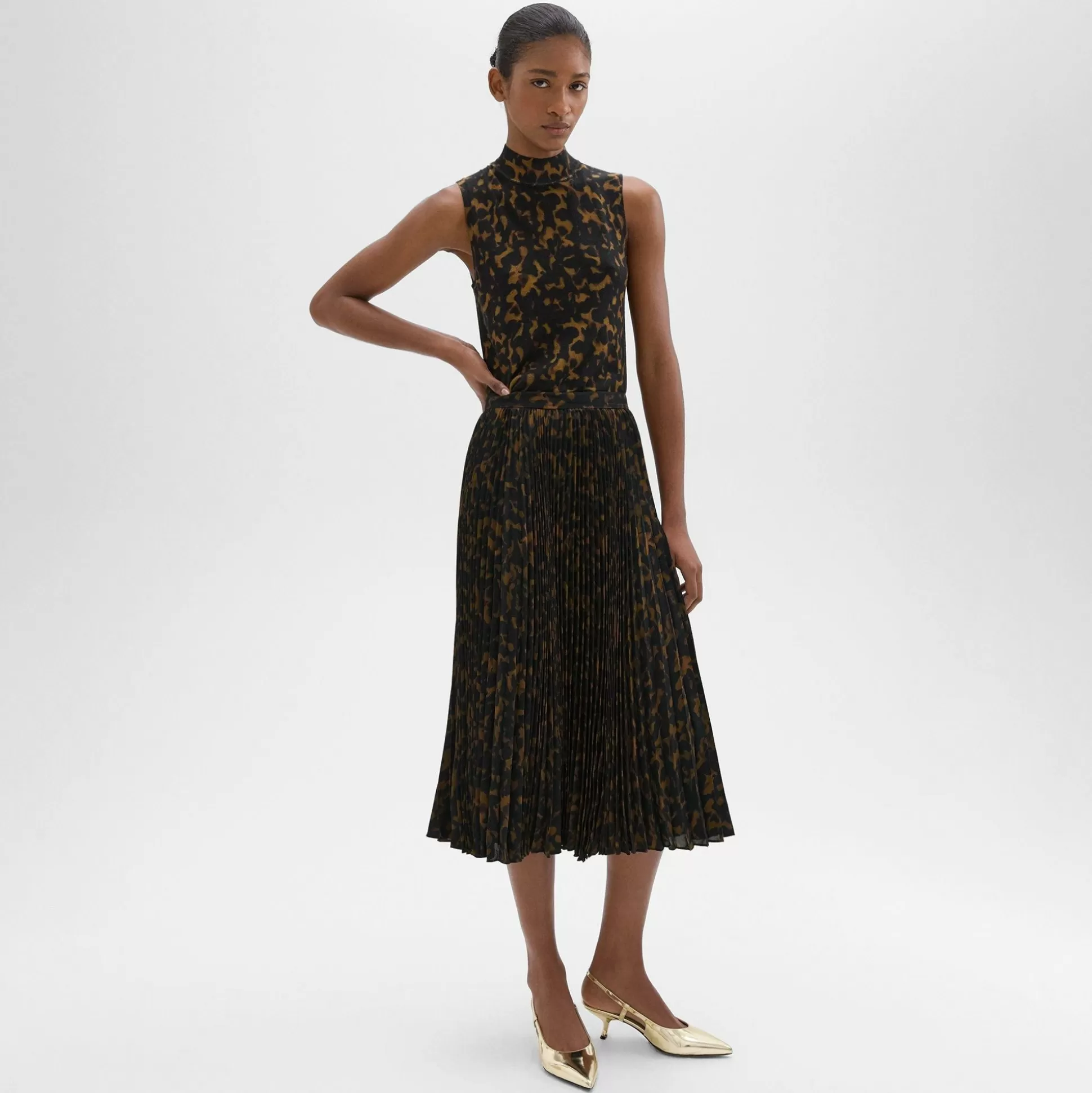 Theory Pleated Midi Skirt In Tortoiseshell Printed Georgette-Women Skirts