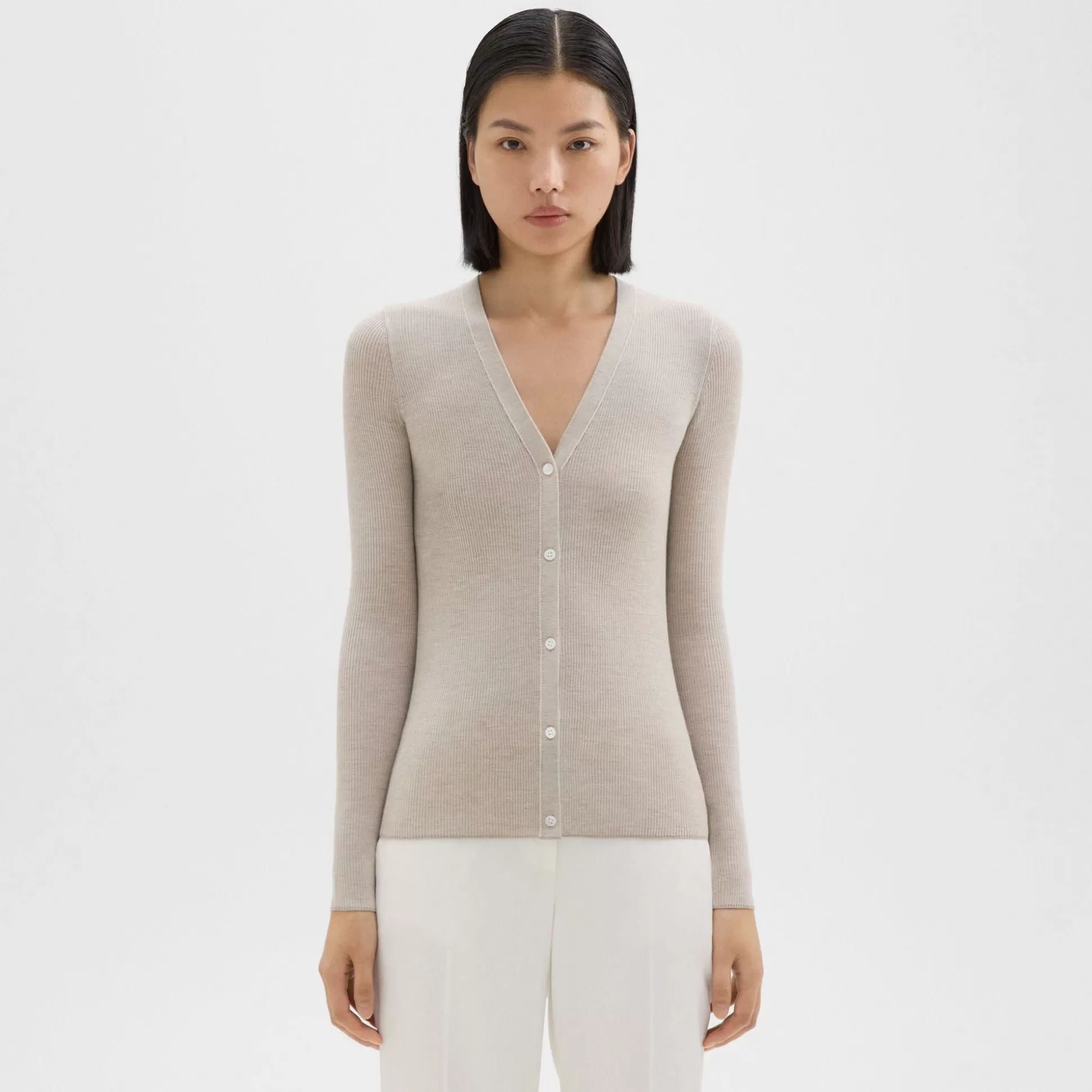 Theory Rib Knit V-Neck Cardigan In Regal Wool-Women Sweaters + Cardigans