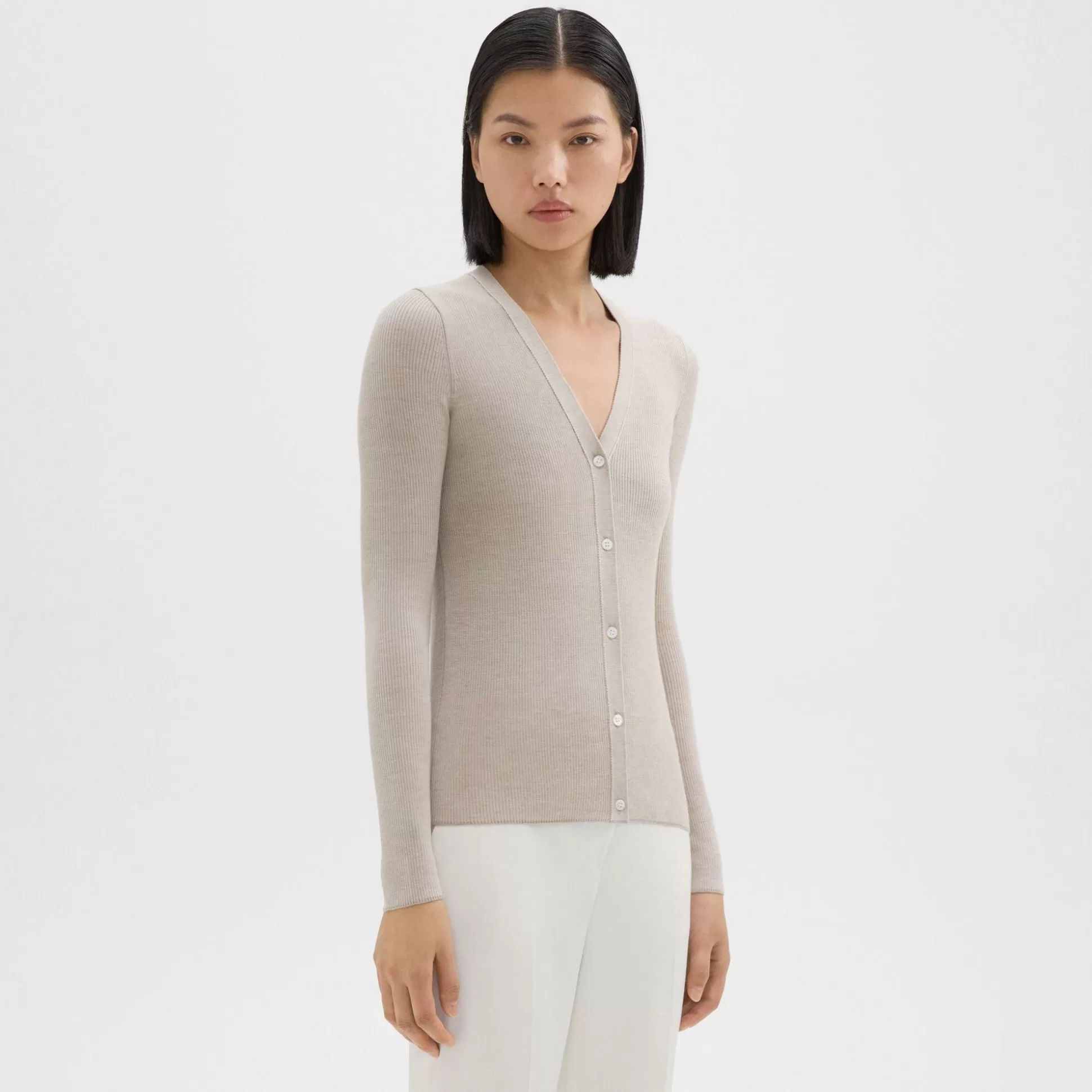 Theory Rib Knit V-Neck Cardigan In Regal Wool-Women Sweaters + Cardigans