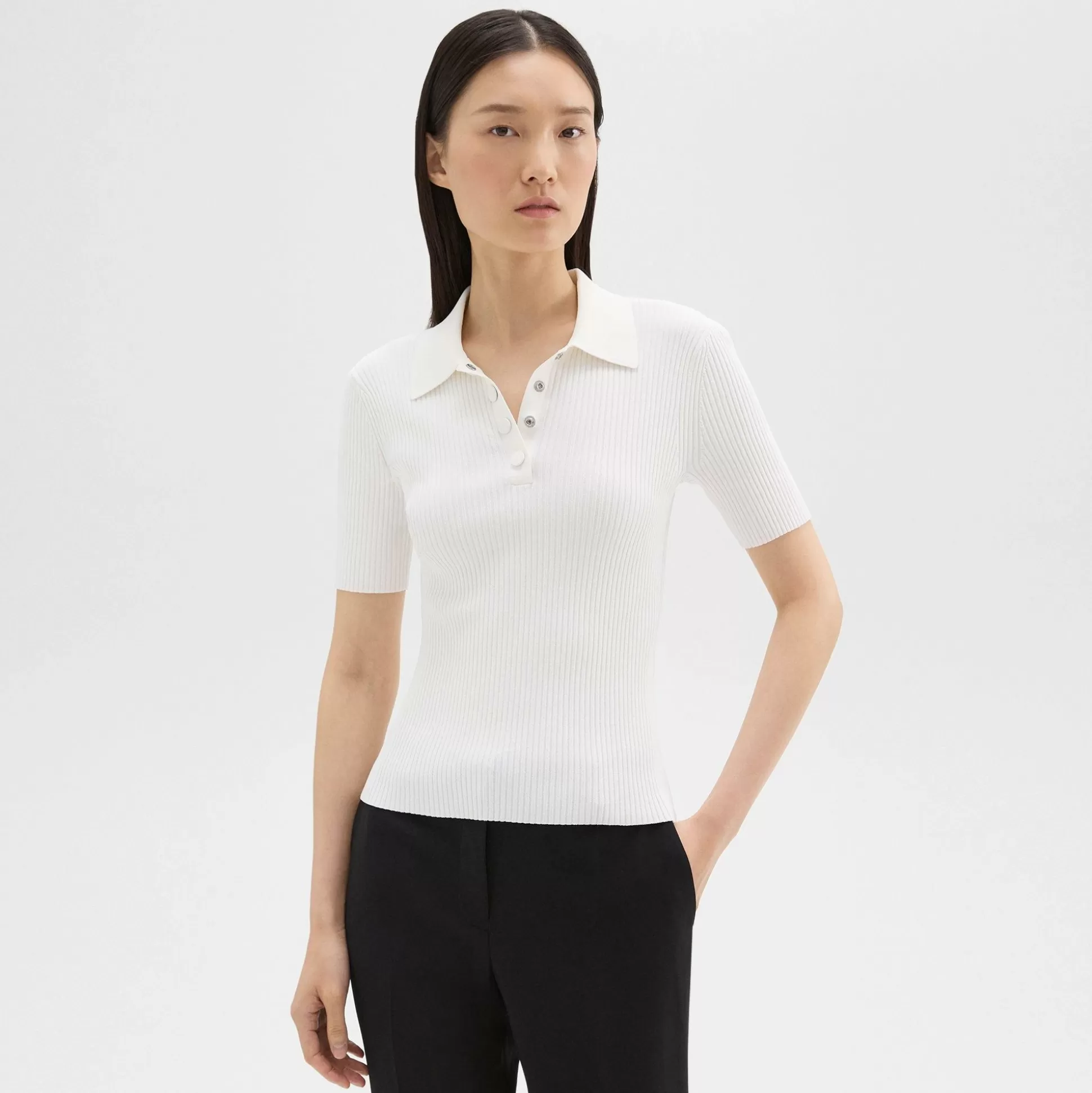 Theory Ribbed Polo In Crepe Knit-Women Sweaters + Cardigans