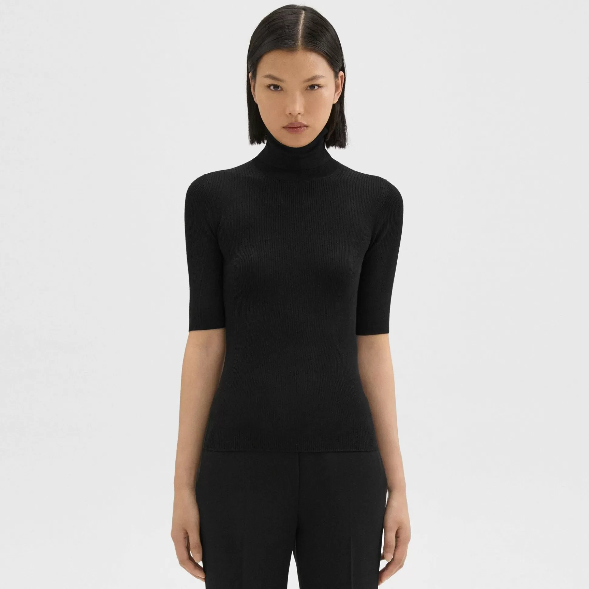 Theory Short-Sleeve Turtleneck In Merino Wool-Women Sweaters + Cardigans