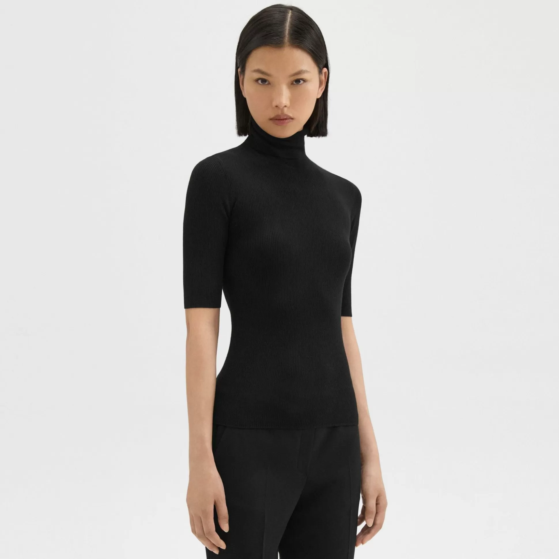 Theory Short-Sleeve Turtleneck In Merino Wool-Women Sweaters + Cardigans