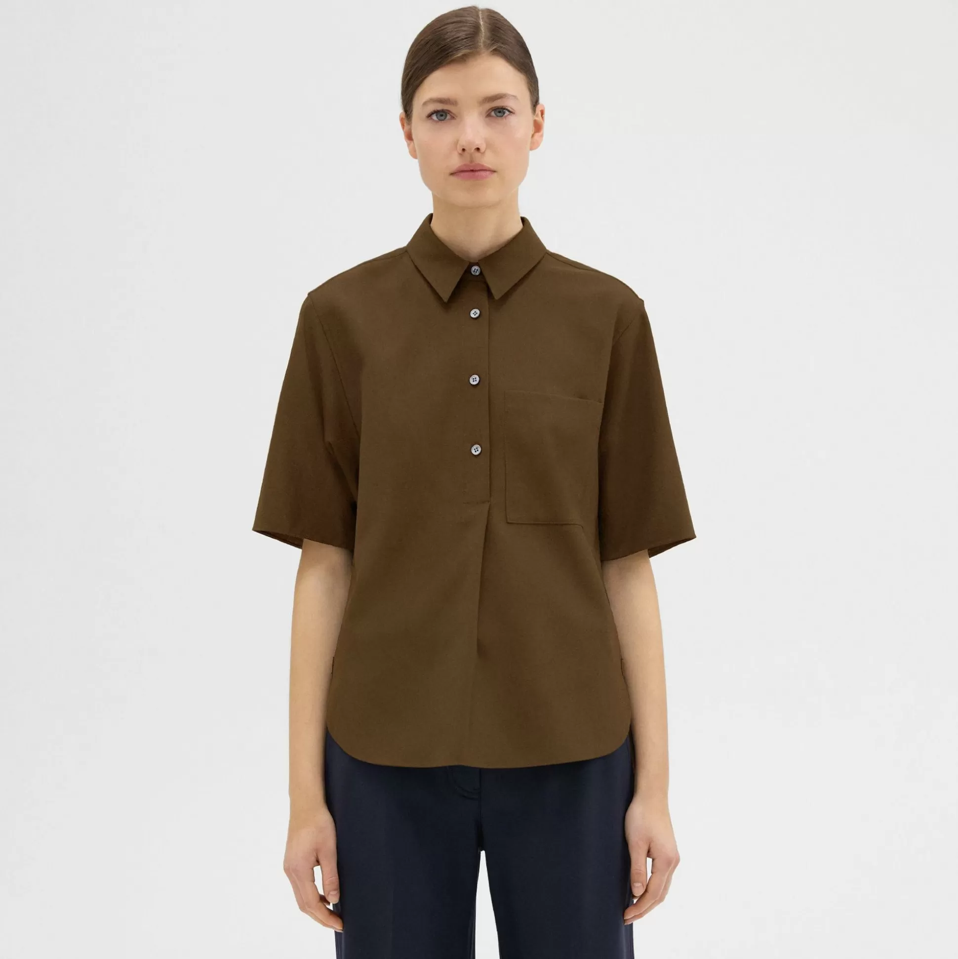 Theory Short-Sleeve Virgin Wool Popover Shirt-Women Tops