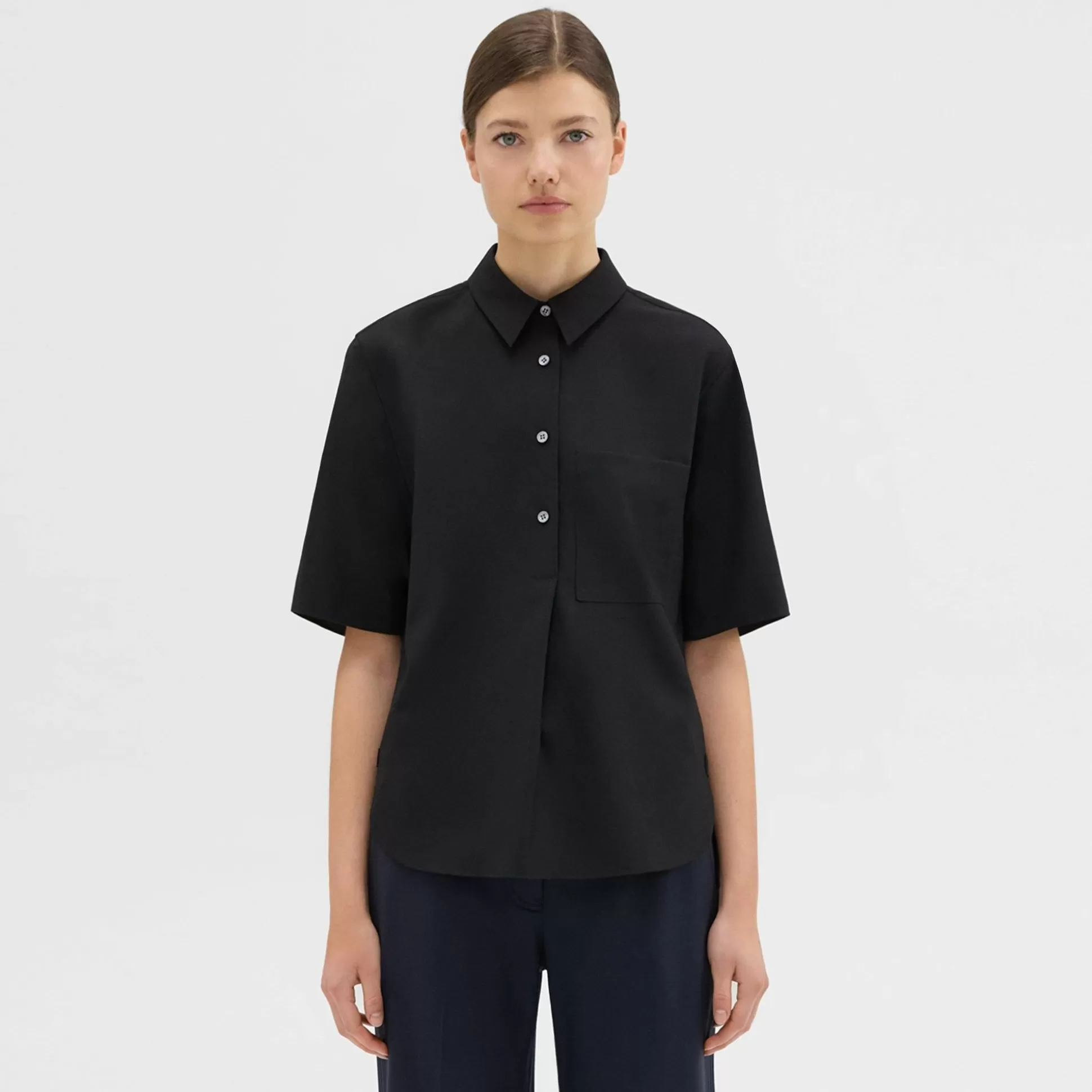 Theory Short-Sleeve Virgin Wool Popover Shirt-Women Tops