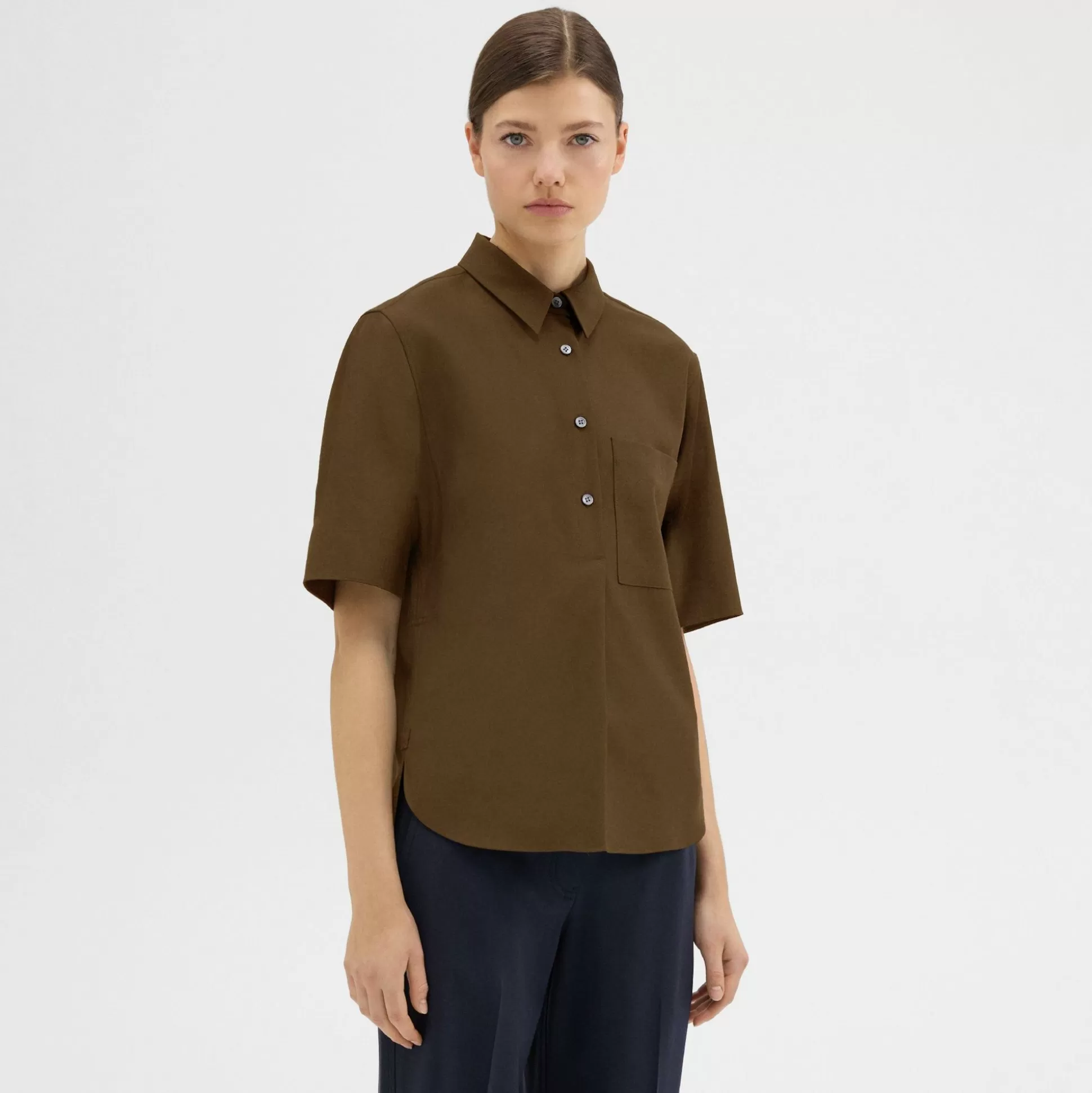 Theory Short-Sleeve Virgin Wool Popover Shirt-Women Tops