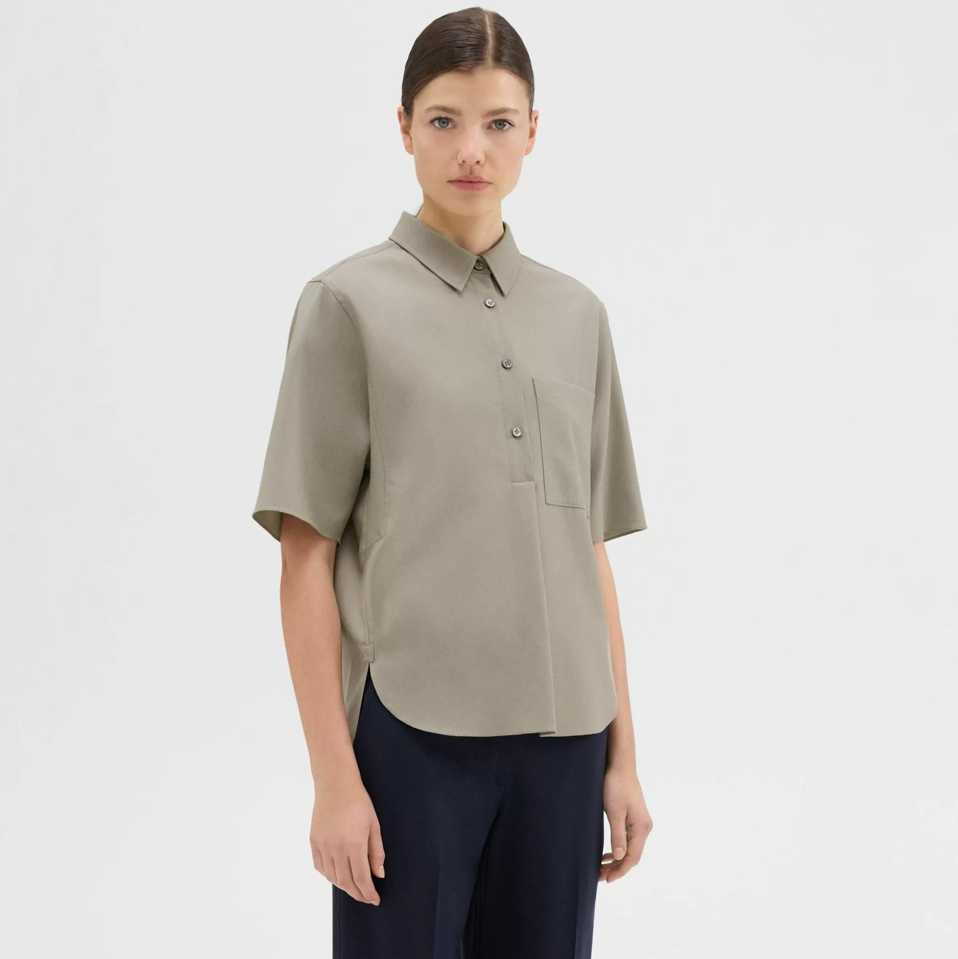 Theory Short-Sleeve Virgin Wool Popover Shirt-Women Tops