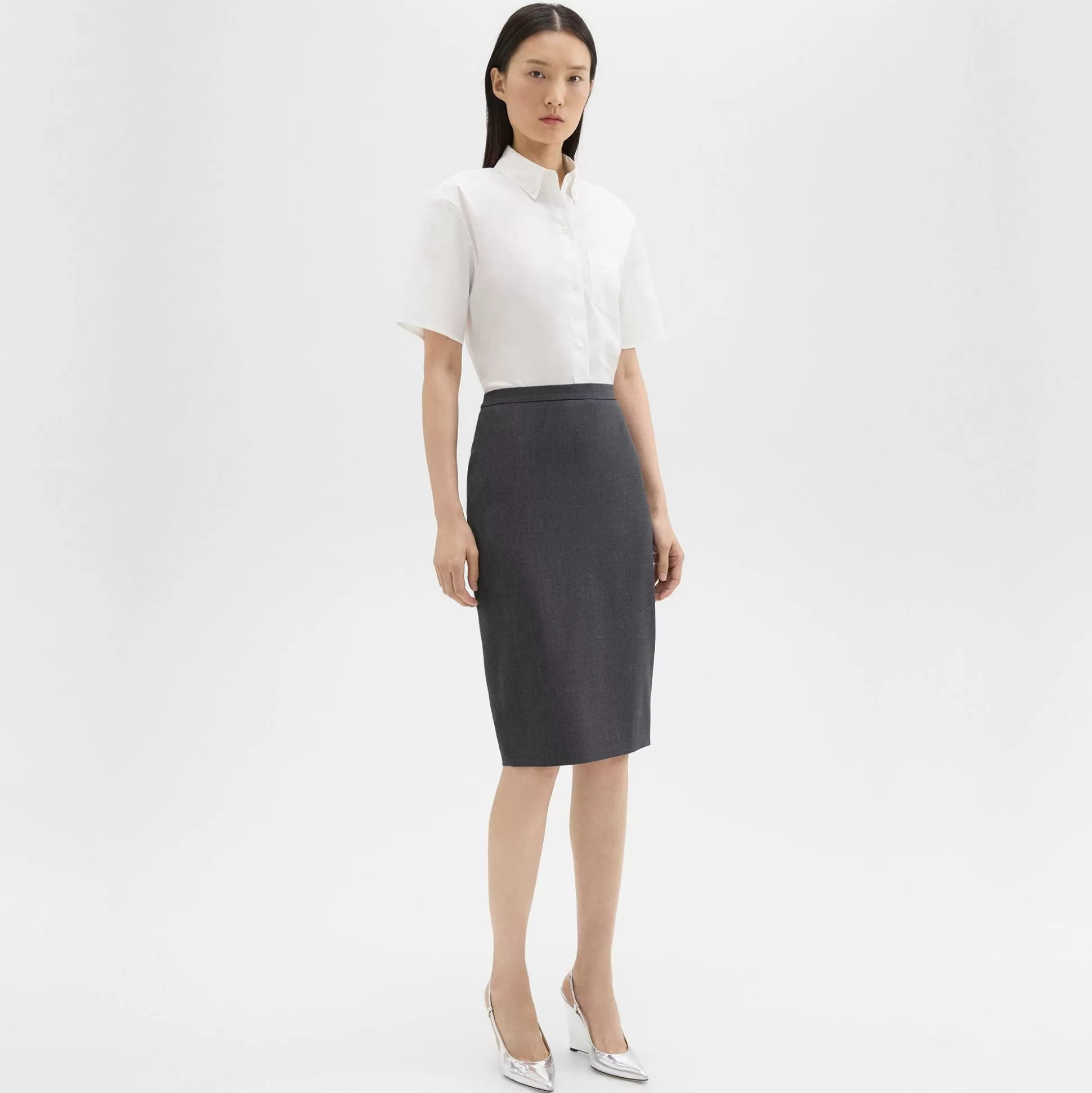 Theory Slim Pencil Skirt In Good Wool-Women Skirts