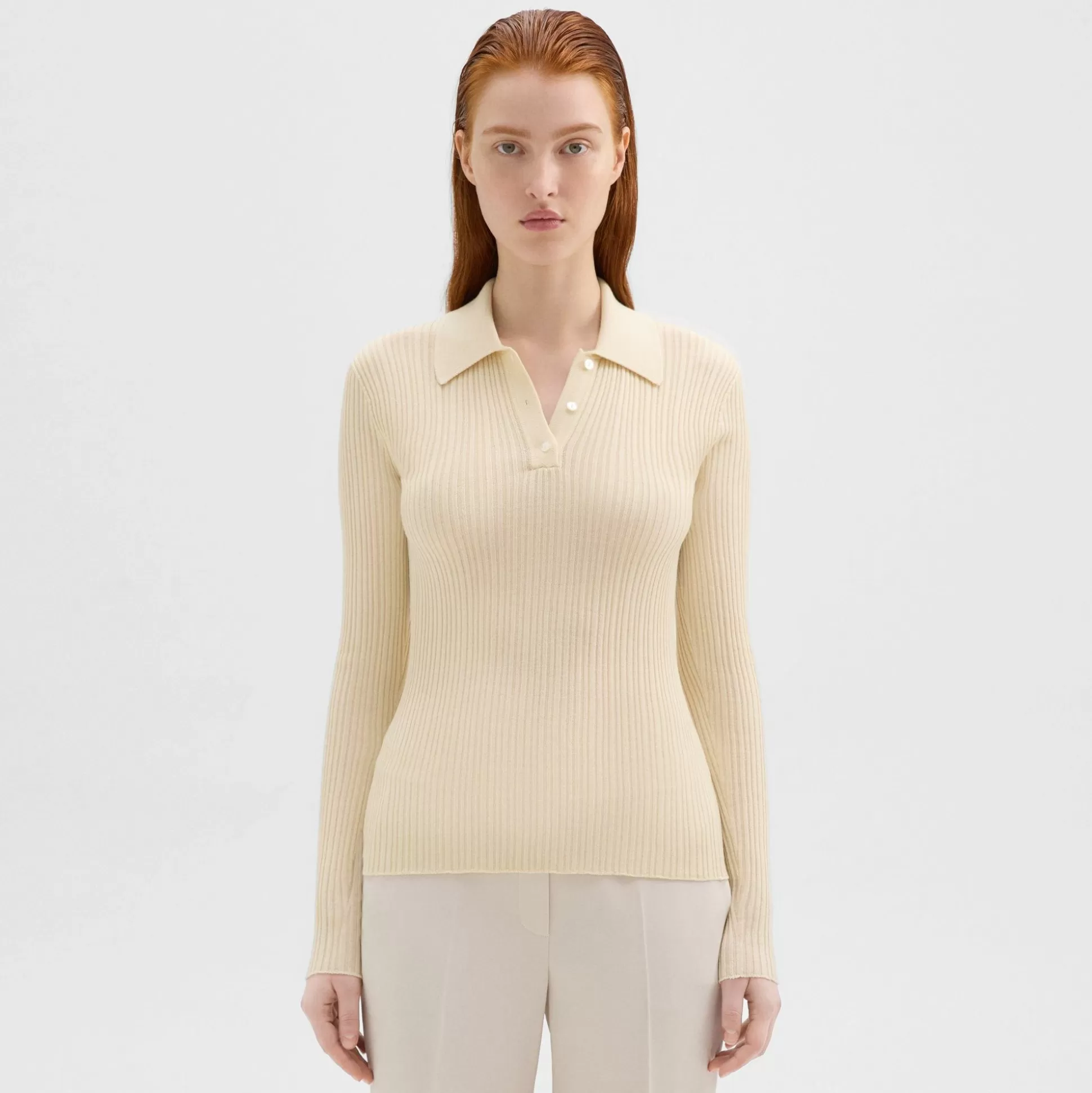 Theory Slim Polo In Wool-Viscose Crepe-Women Sweaters + Cardigans