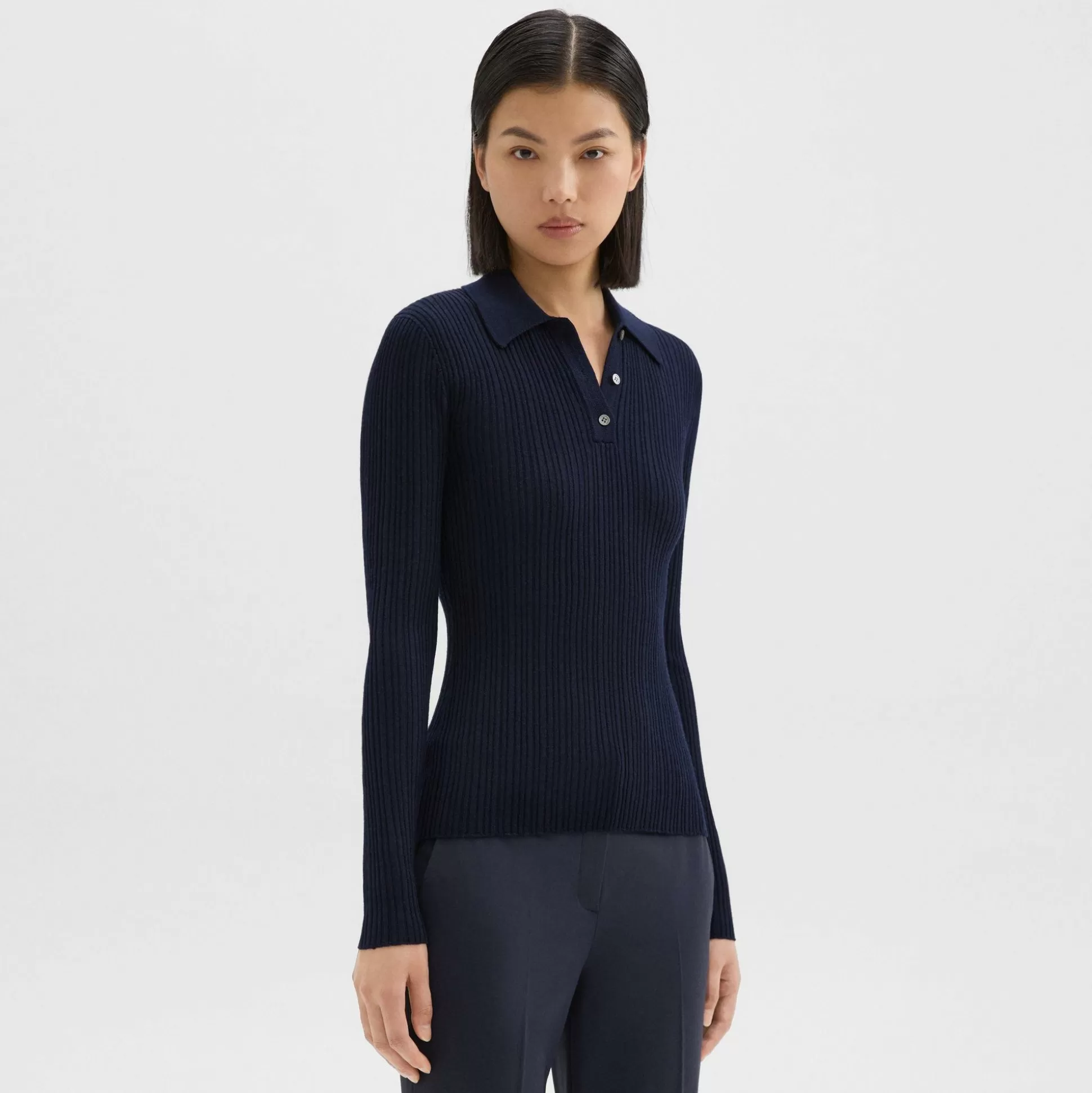 Theory Slim Polo In Wool-Viscose Crepe-Women Sweaters + Cardigans