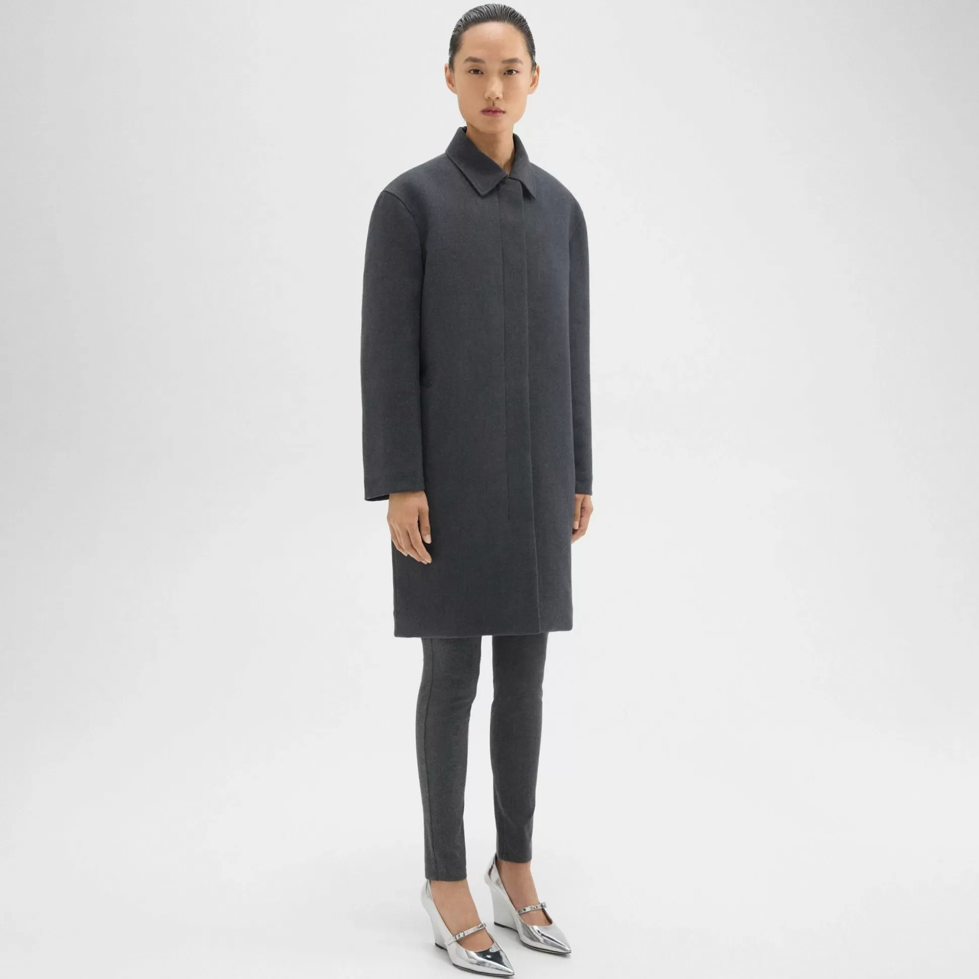 Theory Straight Car Coat In Double-Face Wool Flannel-Women Outerwear