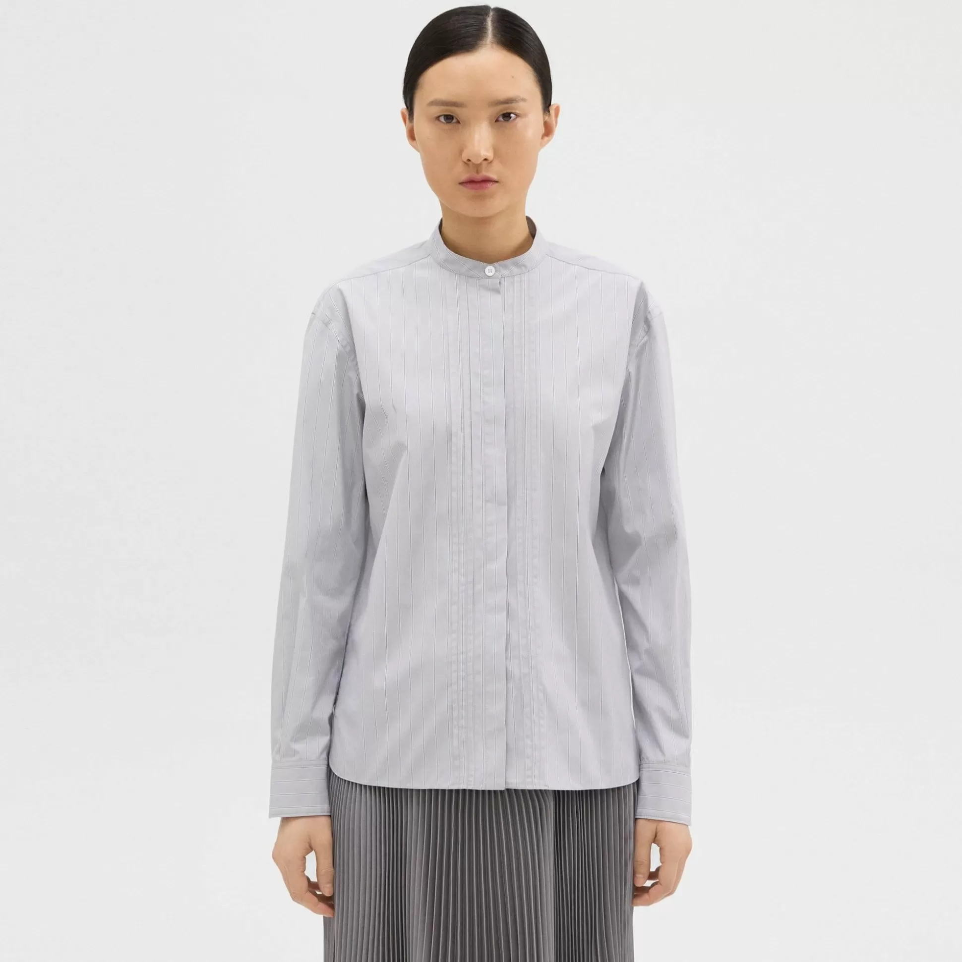 Theory Striped Cotton-Blend Band Collar Shirt-Women Tops