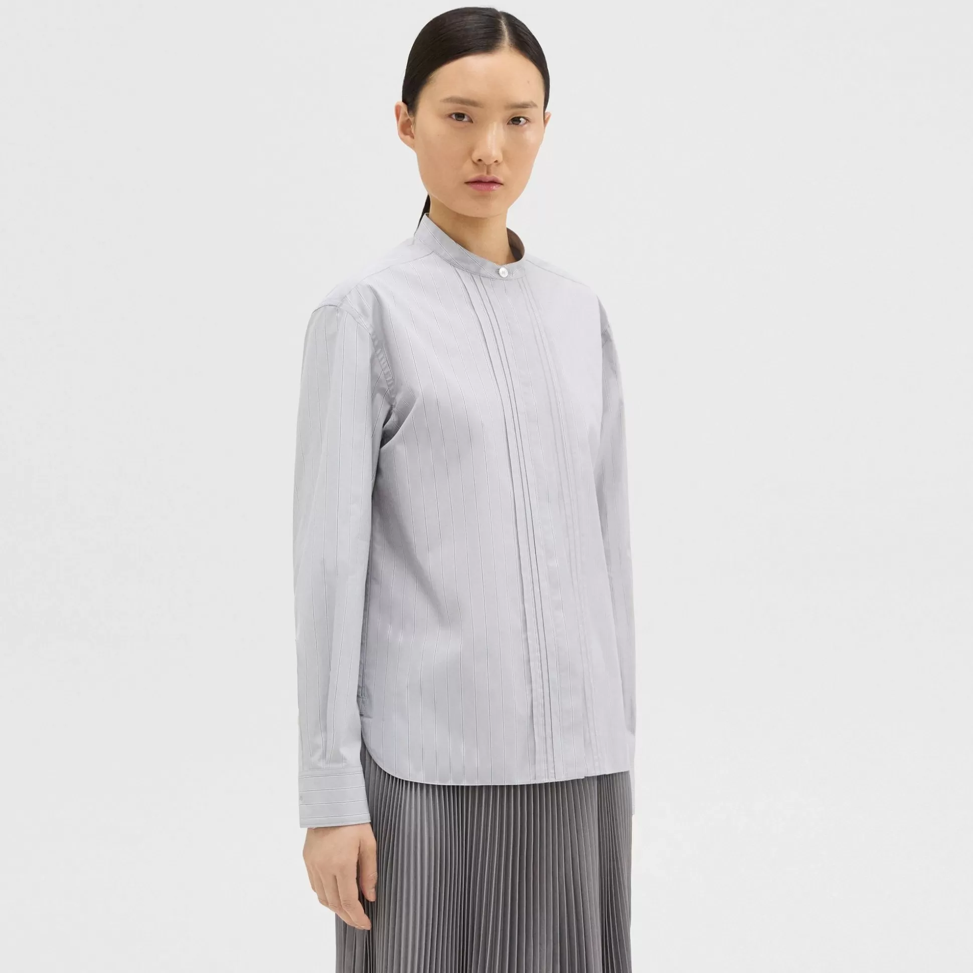 Theory Striped Cotton-Blend Band Collar Shirt-Women Tops