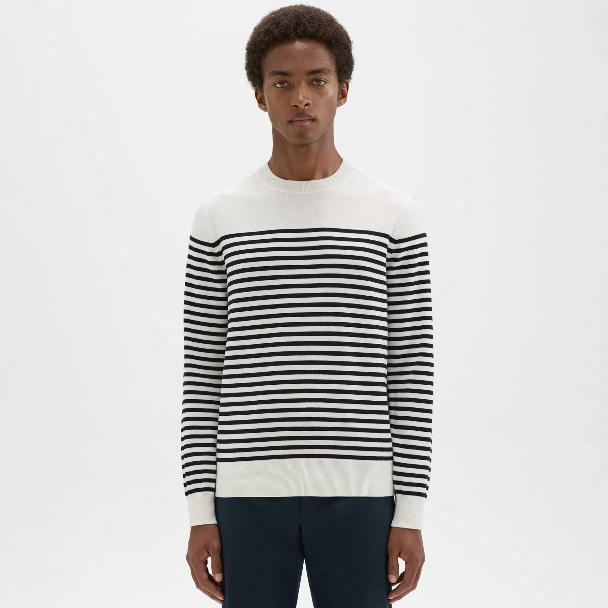 Theory Striped Crewneck Sweater In Merino Wool-Men Sweaters + Cardigans