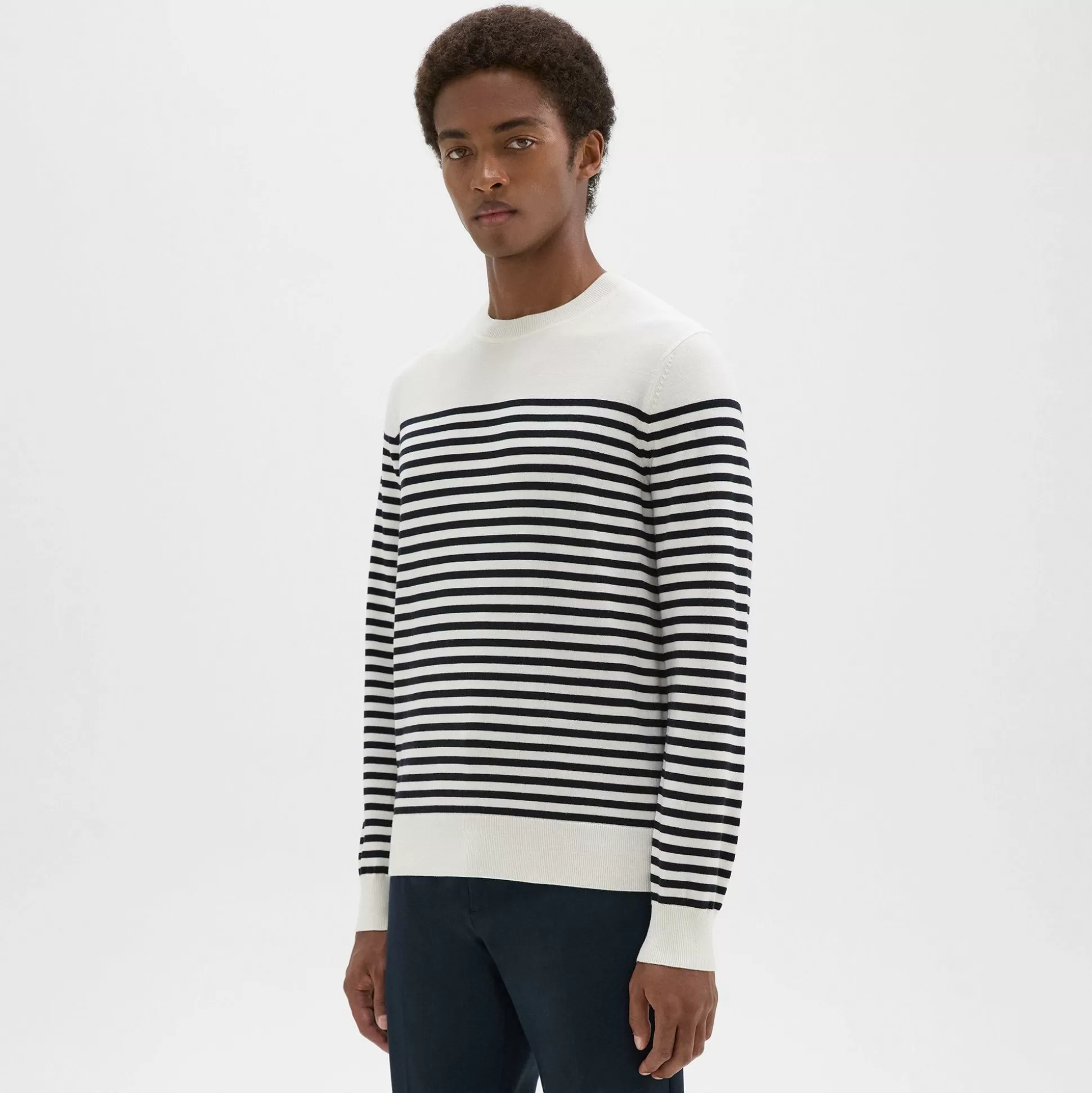 Theory Striped Crewneck Sweater In Merino Wool-Men Sweaters + Cardigans