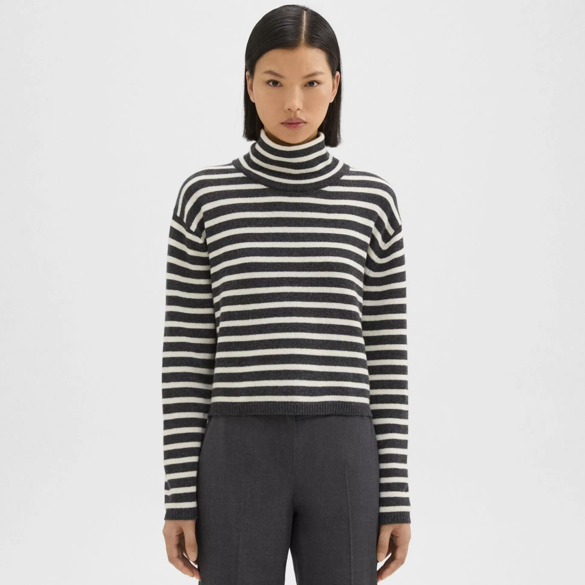 Theory Striped Crop Turtleneck In Felted Wool-Cashmere-Women Sweaters + Cardigans