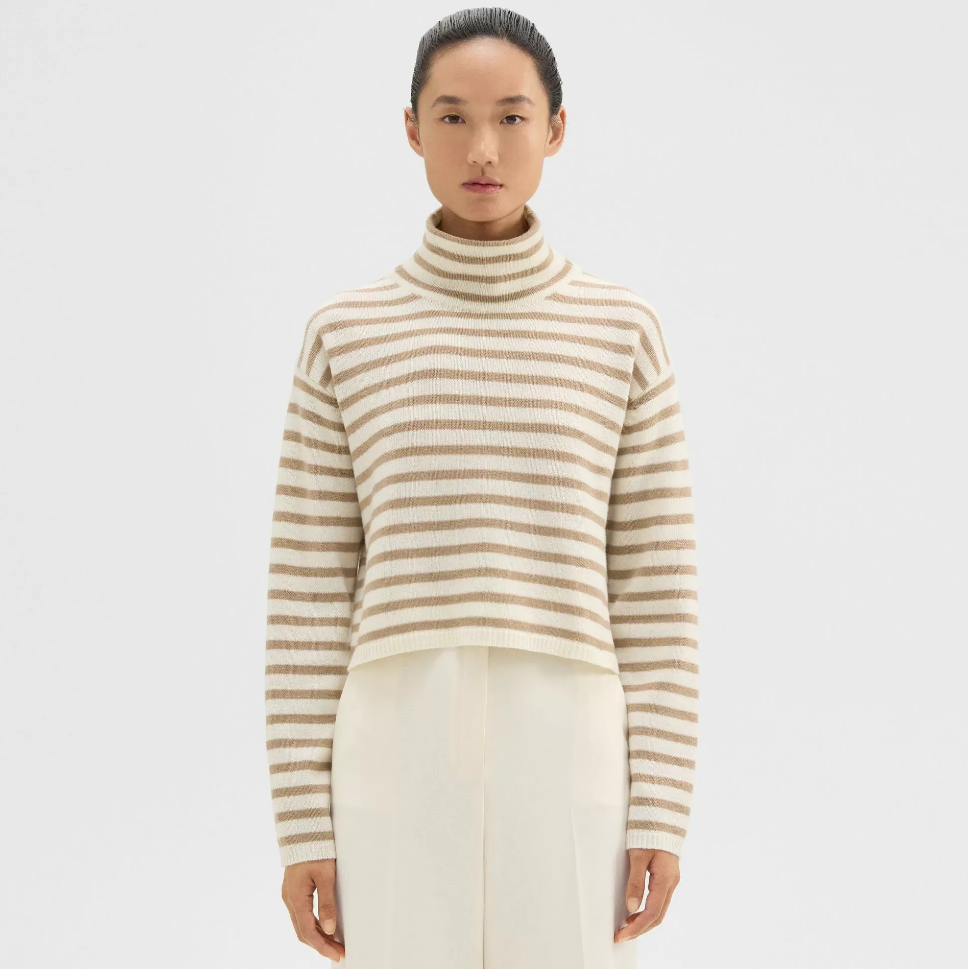 Theory Striped Crop Turtleneck In Felted Wool-Cashmere-Women Sweaters + Cardigans